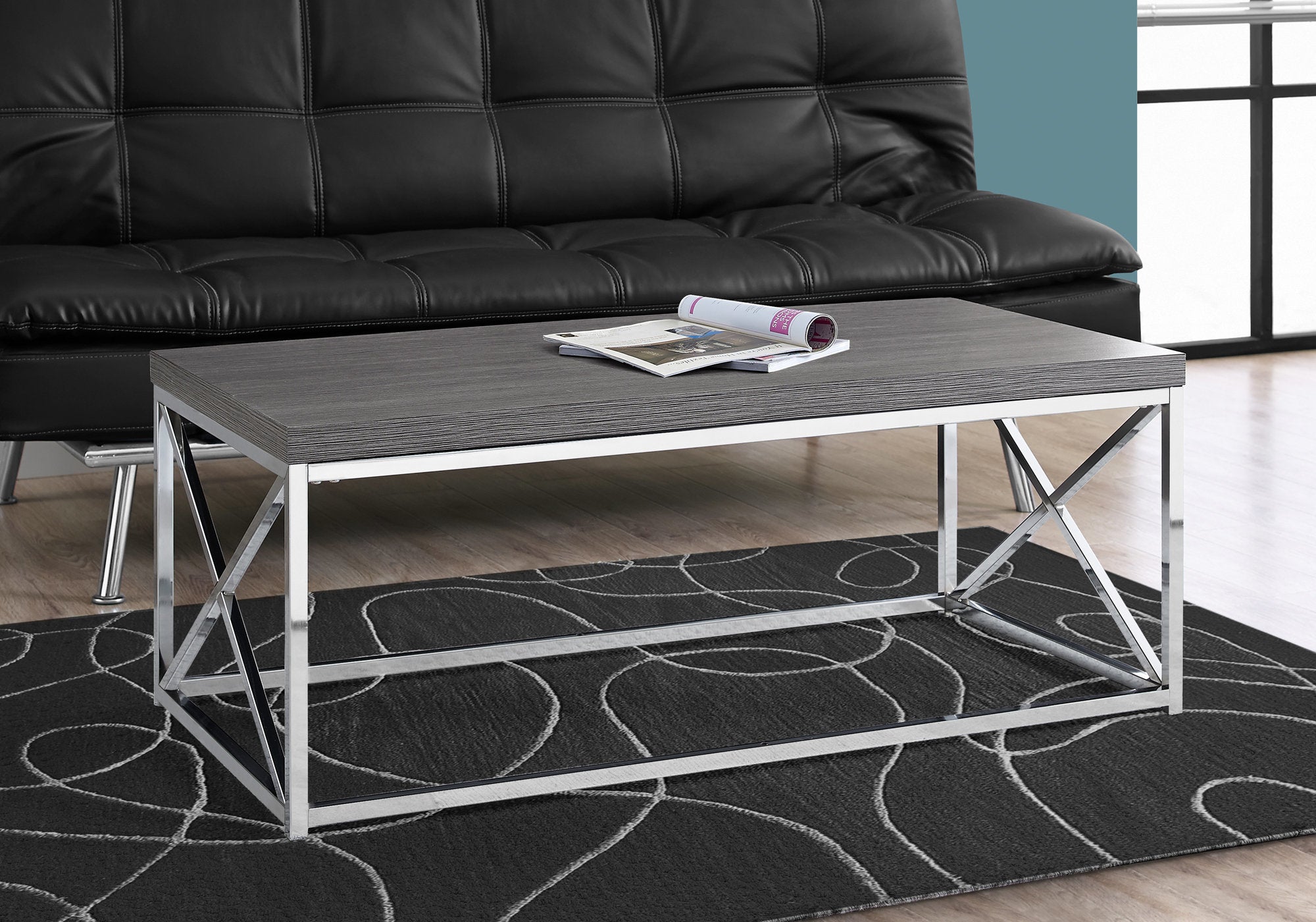 TABLE BASSE - GRIS AVEC MÉTAL CHROMÉ 
