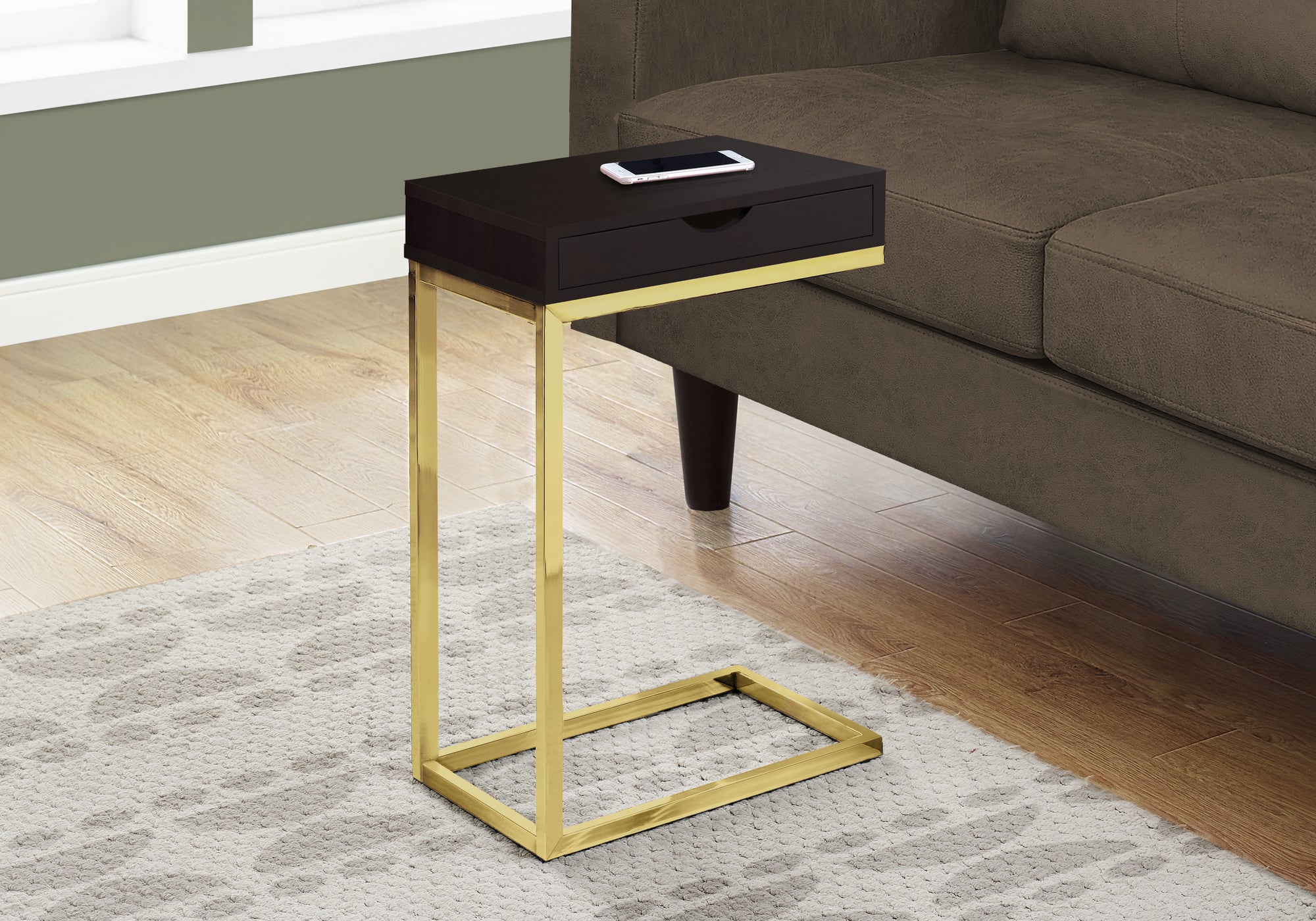 TABLE D'APPOINT - ESPRESSO / MÉTAL DORÉ AVEC UN TIROIR 