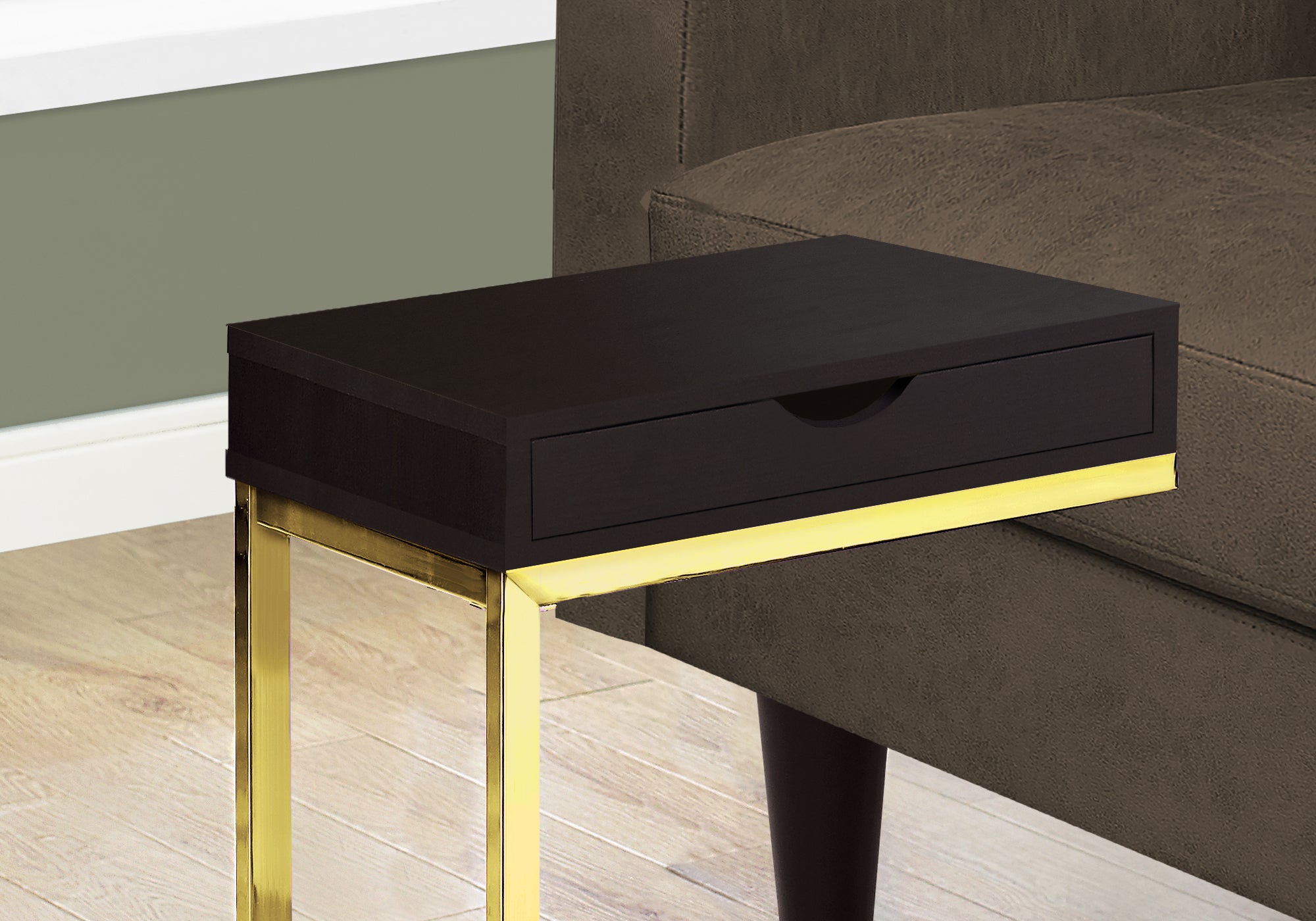 TABLE D'APPOINT - ESPRESSO / MÉTAL DORÉ AVEC UN TIROIR 