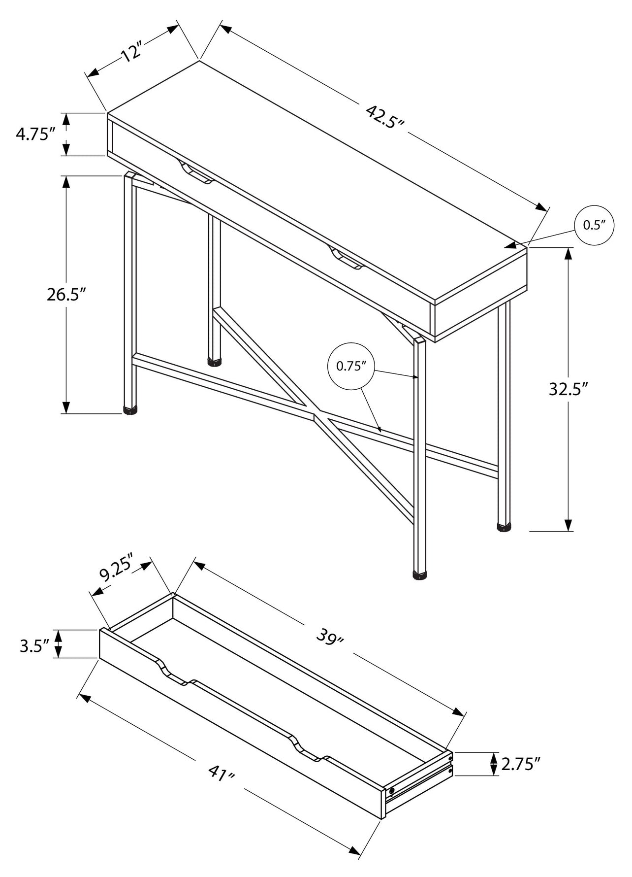 TABLE D'APPOINT - 42"L / ESPRESSO / CONSOLE D'ENTREE DOREE 