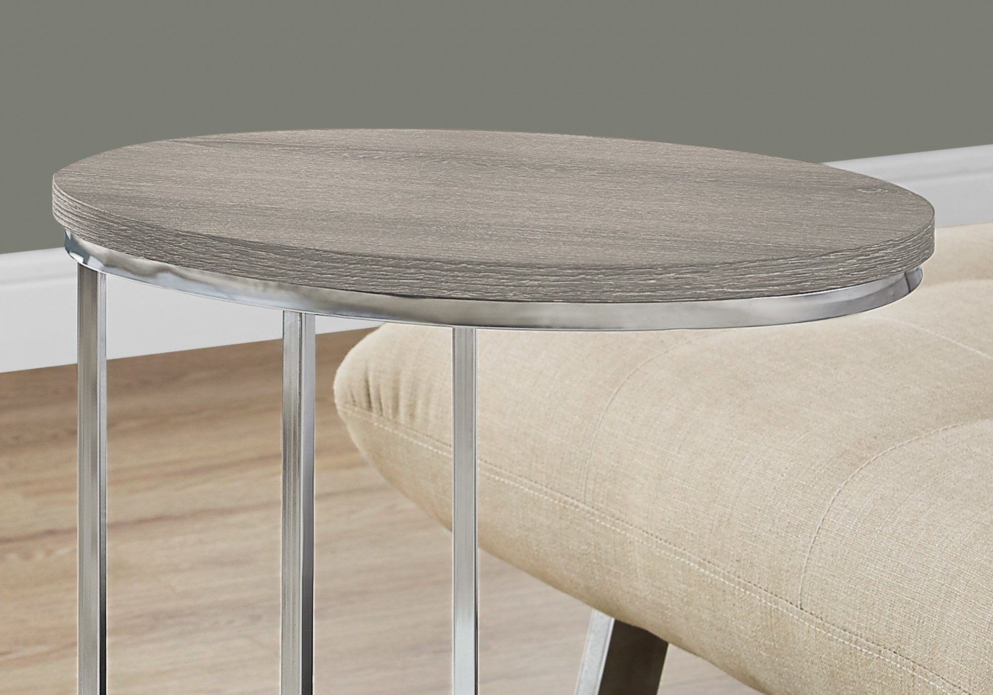 TABLE D'APPOINT - OVALE / TAUPE FONCÉ AVEC MÉTAL CHROMÉ