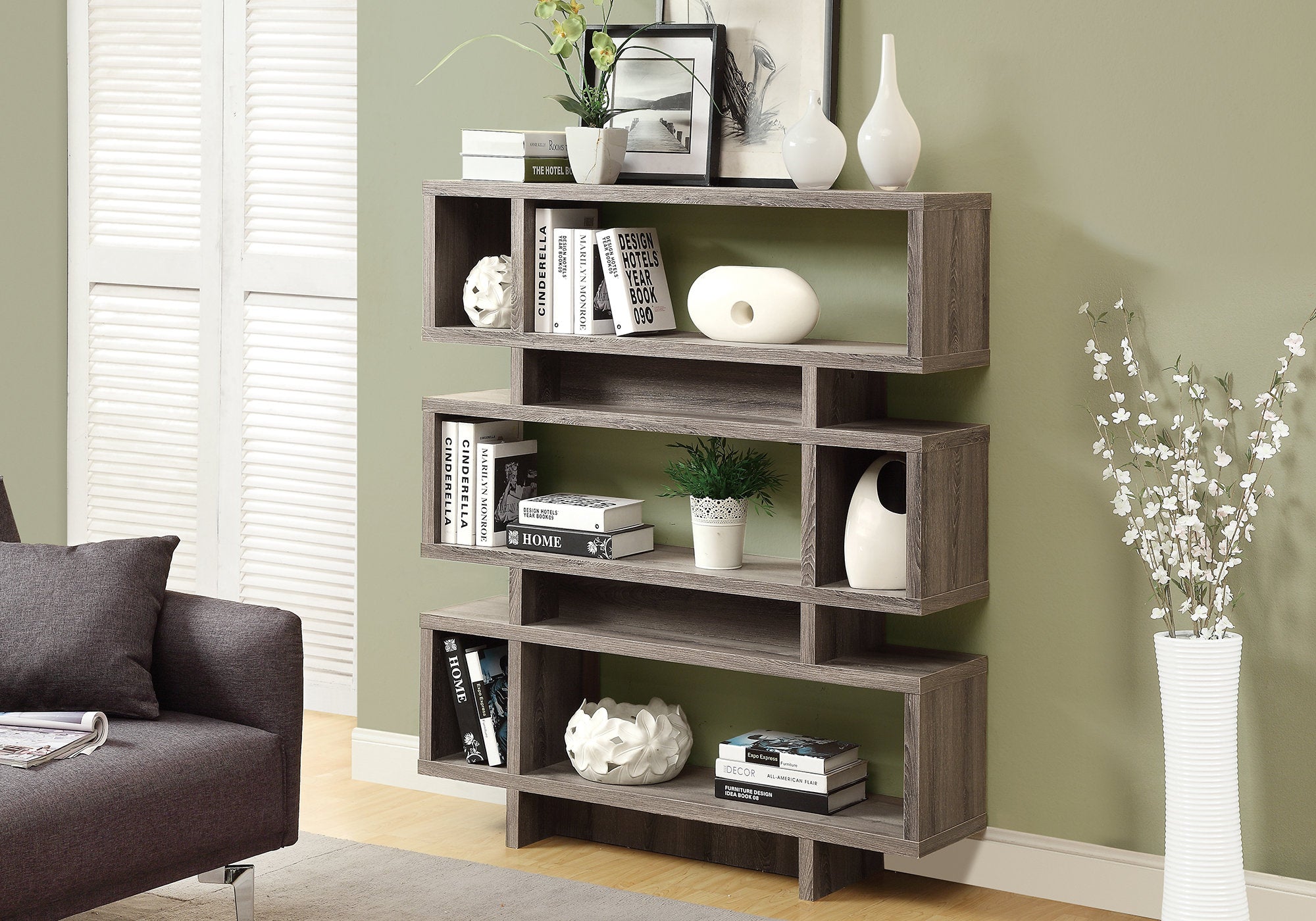 BIBLIOTHÈQUE - 55"H / STYLE MODERNE TAUPE FONCÉ