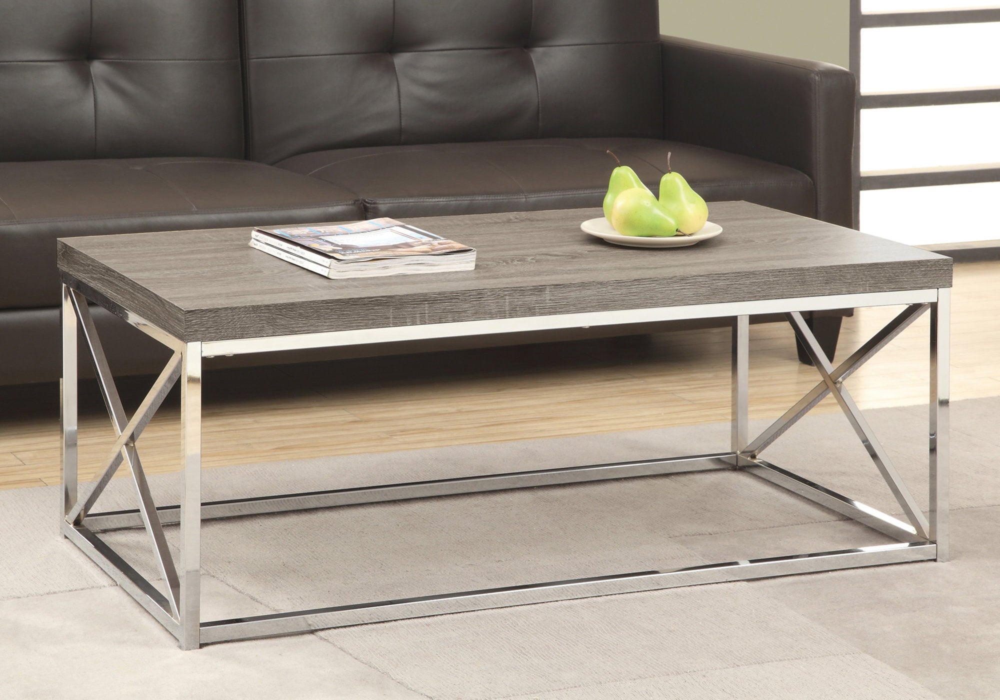 TABLE BASSE - TAUPE FONCÉ AVEC MÉTAL CHROMÉ 