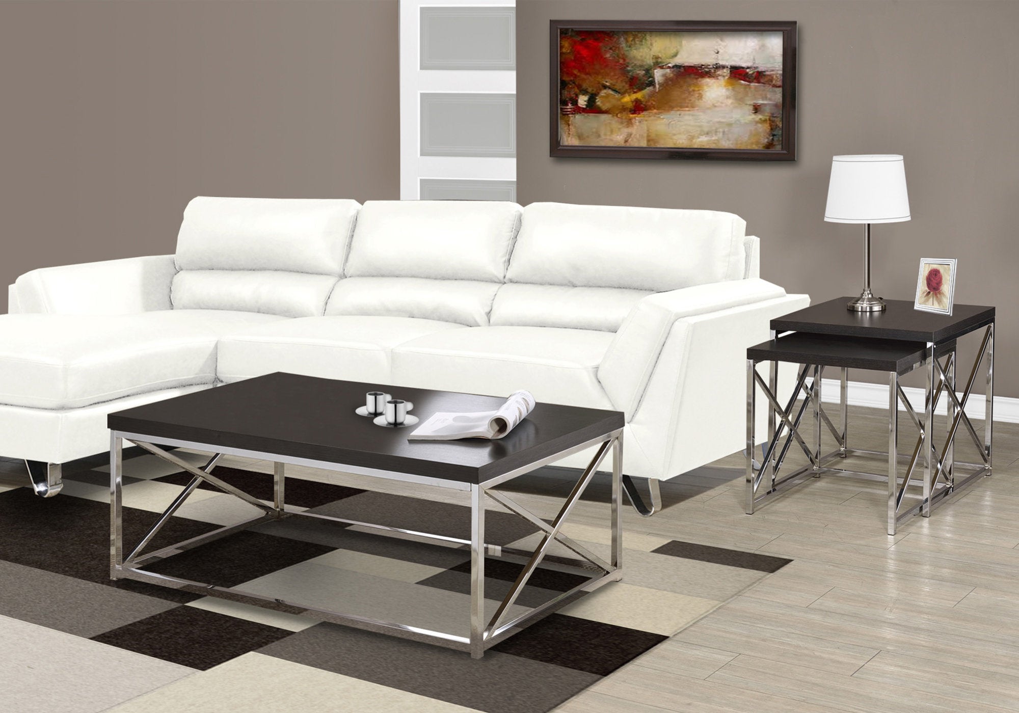 TABLE BASSE - ESPRESSO / MÉTAL CHROMÉ 