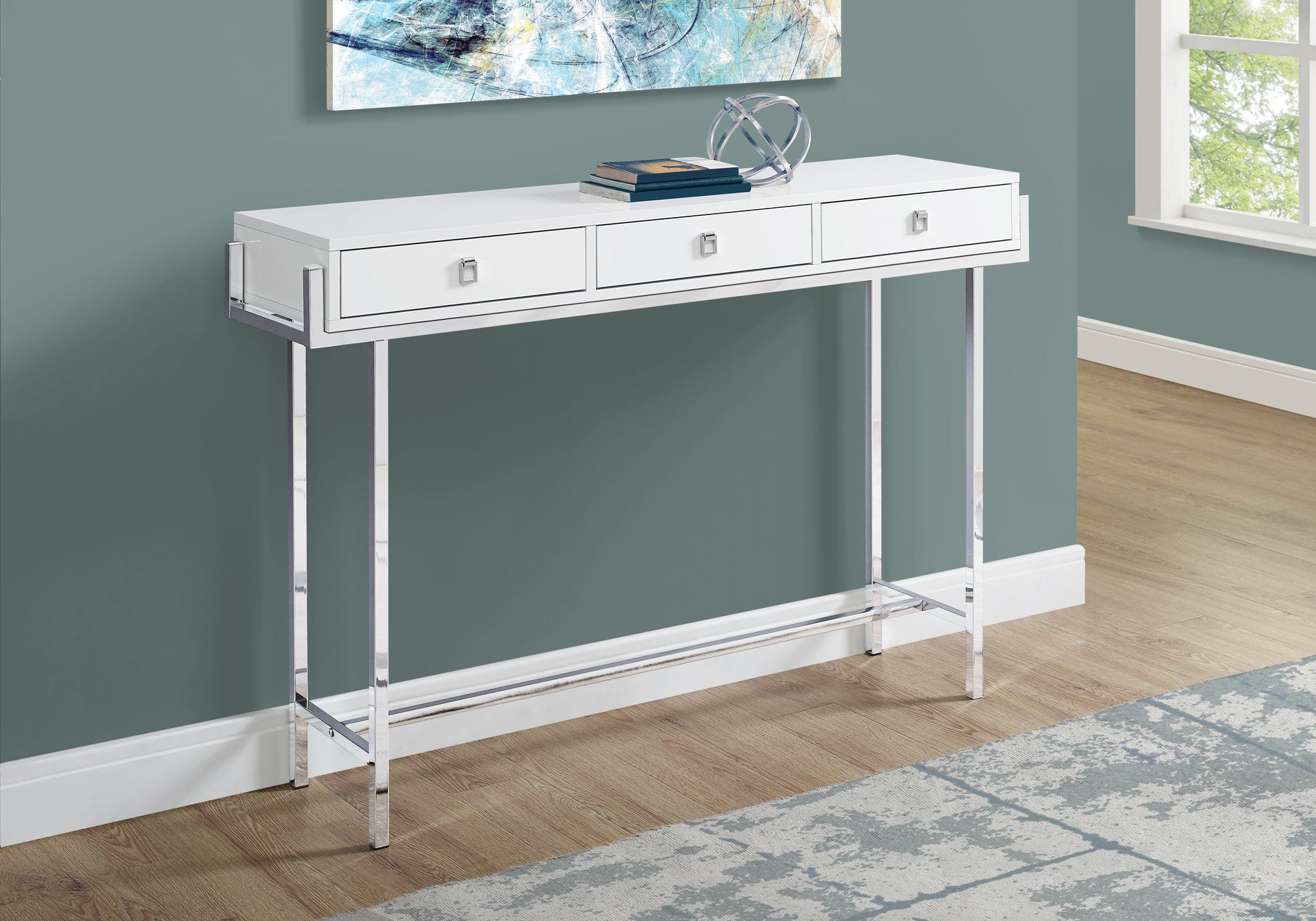 TABLE D'APPOINT - 48"L / BLANC BRILLANT / METAL CHROME 