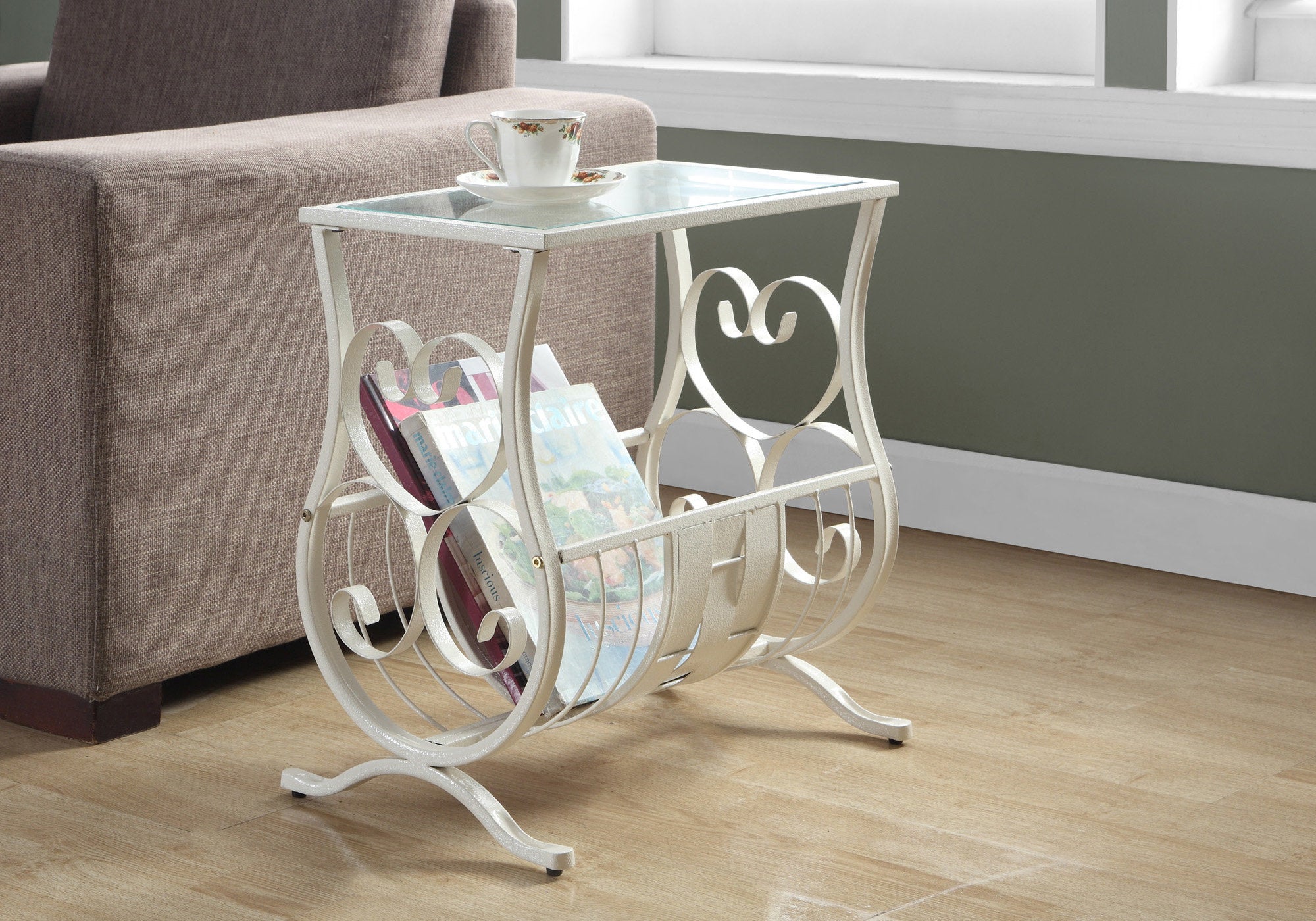 TABLE D'APPOINT - MÉTAL BLANC ANTIQUE AVEC VERRE TREMPÉ