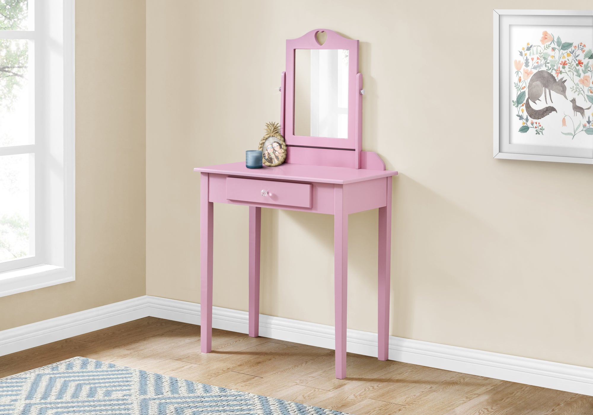 MEUBLE-LAVABO - ROSE / MIROIR ET TIROIR DE RANGEMENT 