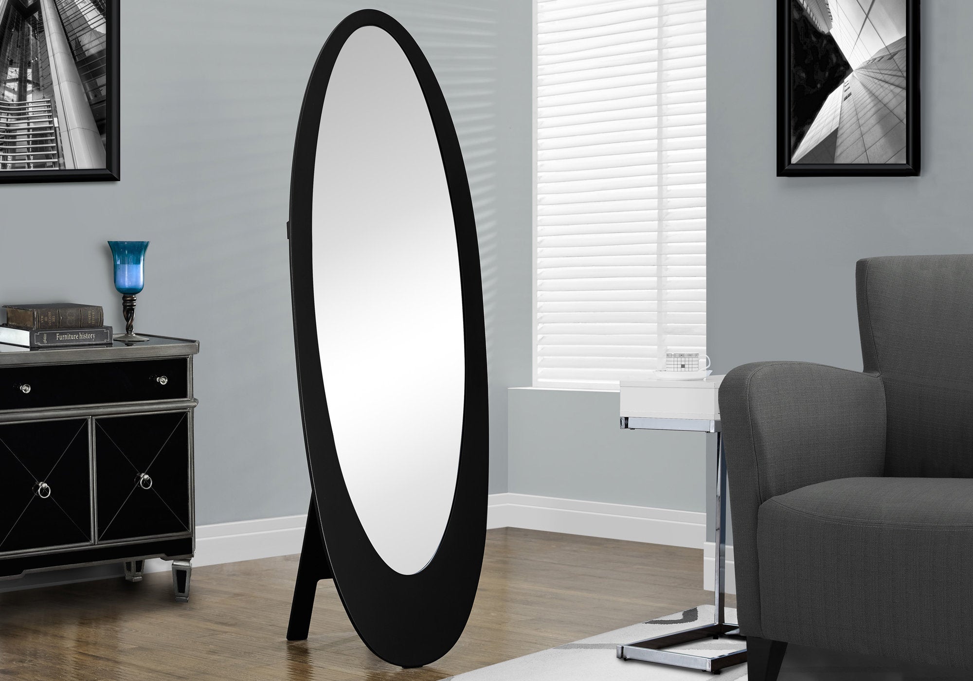MIROIR - 59"H / CADRE OVALE CONTEMPORAIN NOIR 