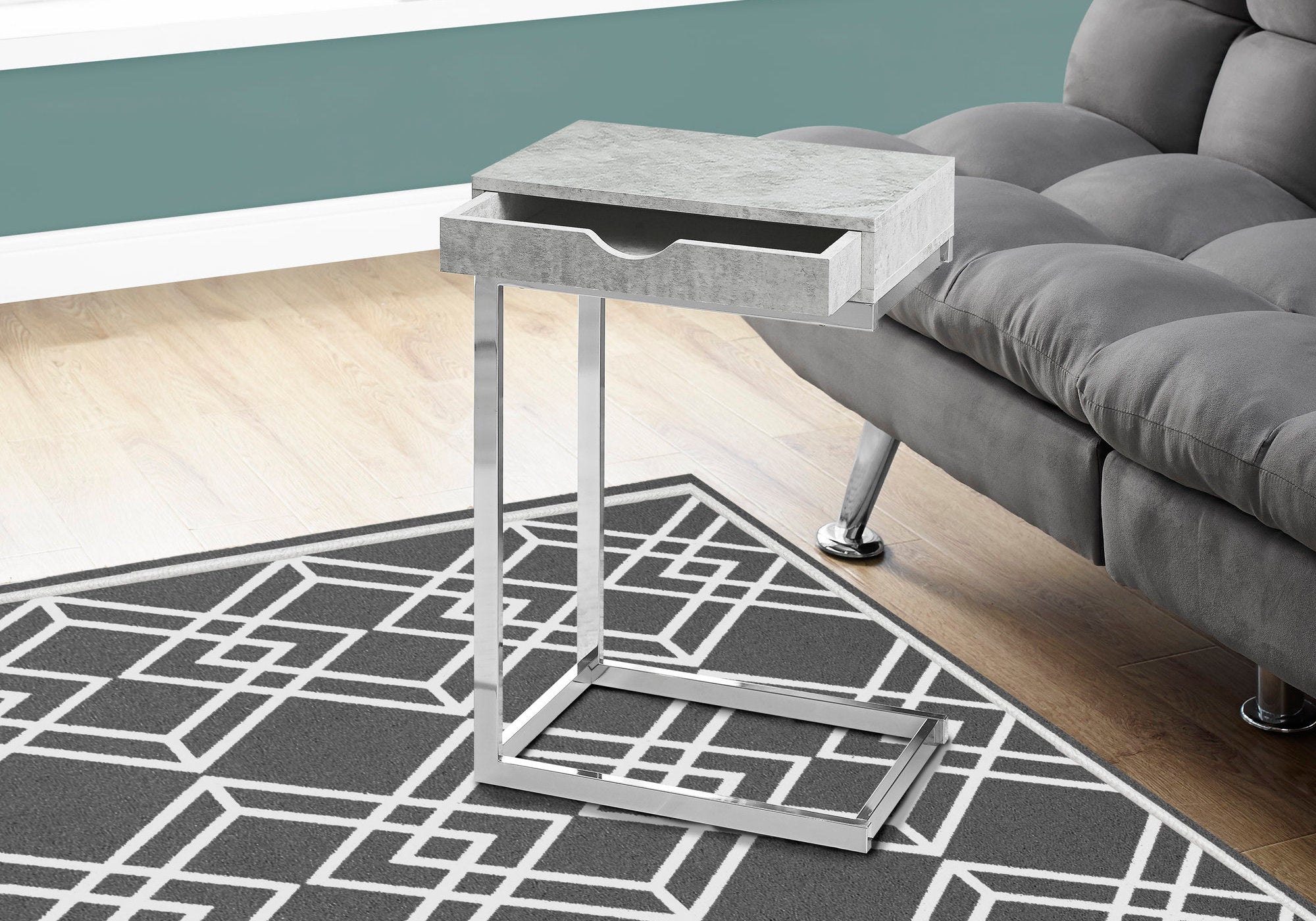 TABLE D'APPOINT - METAL CHROME / CIMENT GRIS AVEC UN TIROIR 