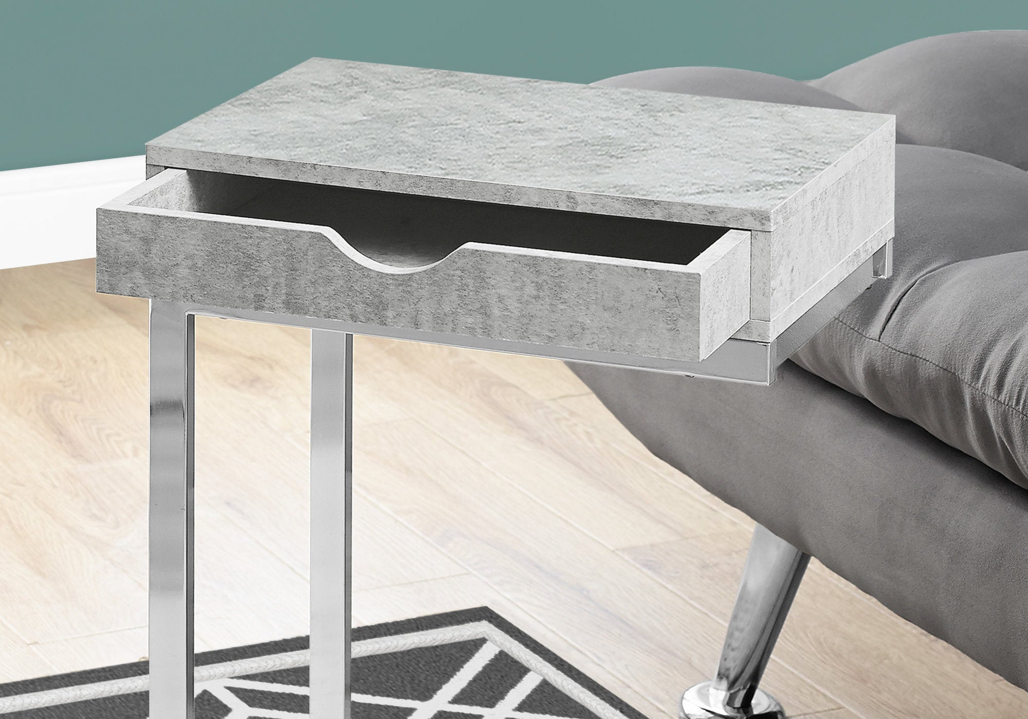 TABLE D'APPOINT - METAL CHROME / CIMENT GRIS AVEC UN TIROIR
