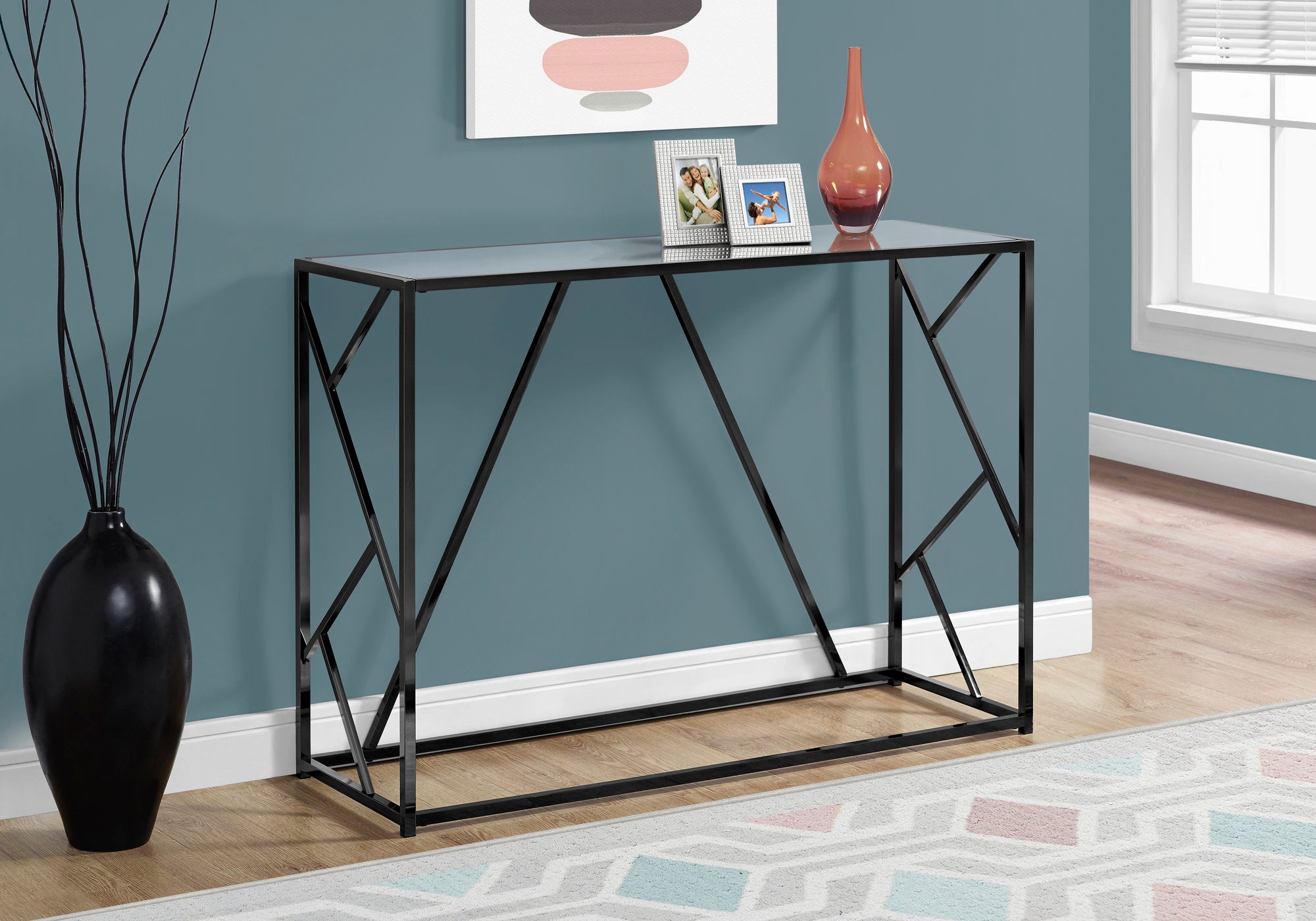TABLE D'APPOINT - 44"L / METAL NICKEL NOIR / DESSUS MIROIR 