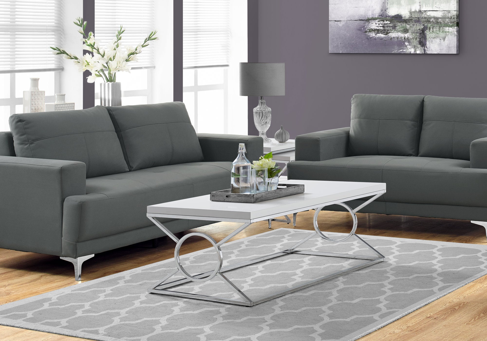 TABLE BASSE - BLANC BRILLANT AVEC MÉTAL CHROMÉ 