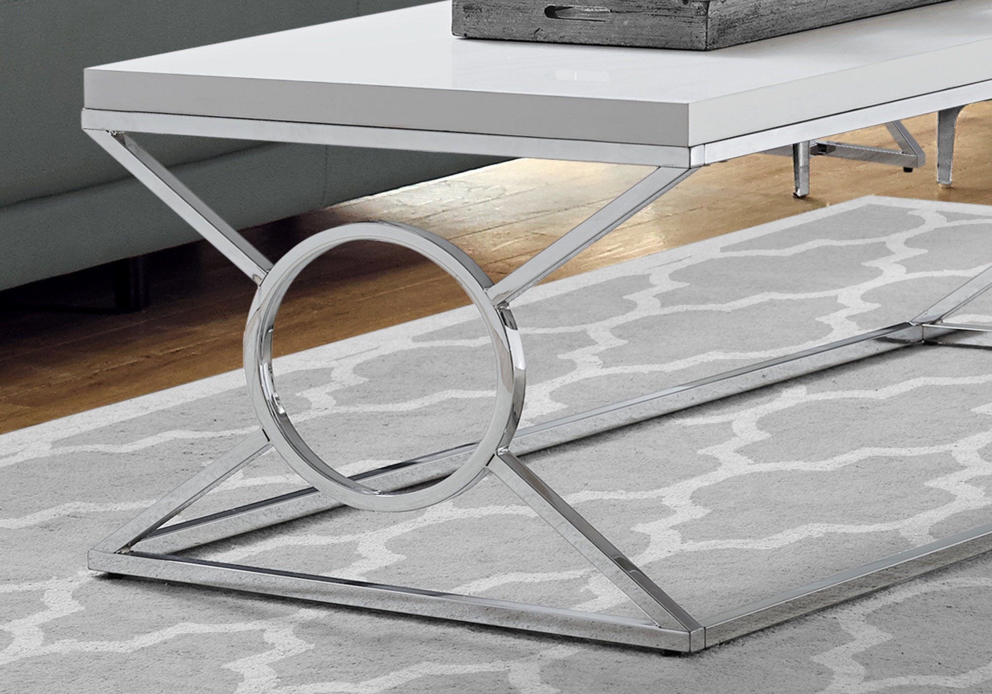 TABLE BASSE - BLANC BRILLANT AVEC MÉTAL CHROMÉ 