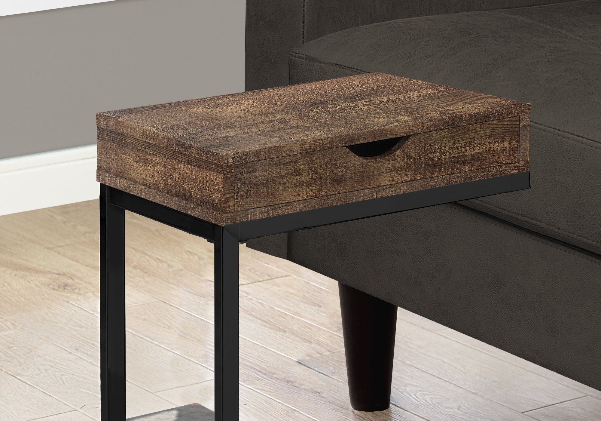 TABLE D'APPOINT - SIMILI BOIS BRUN / NOIR / TIROIR 