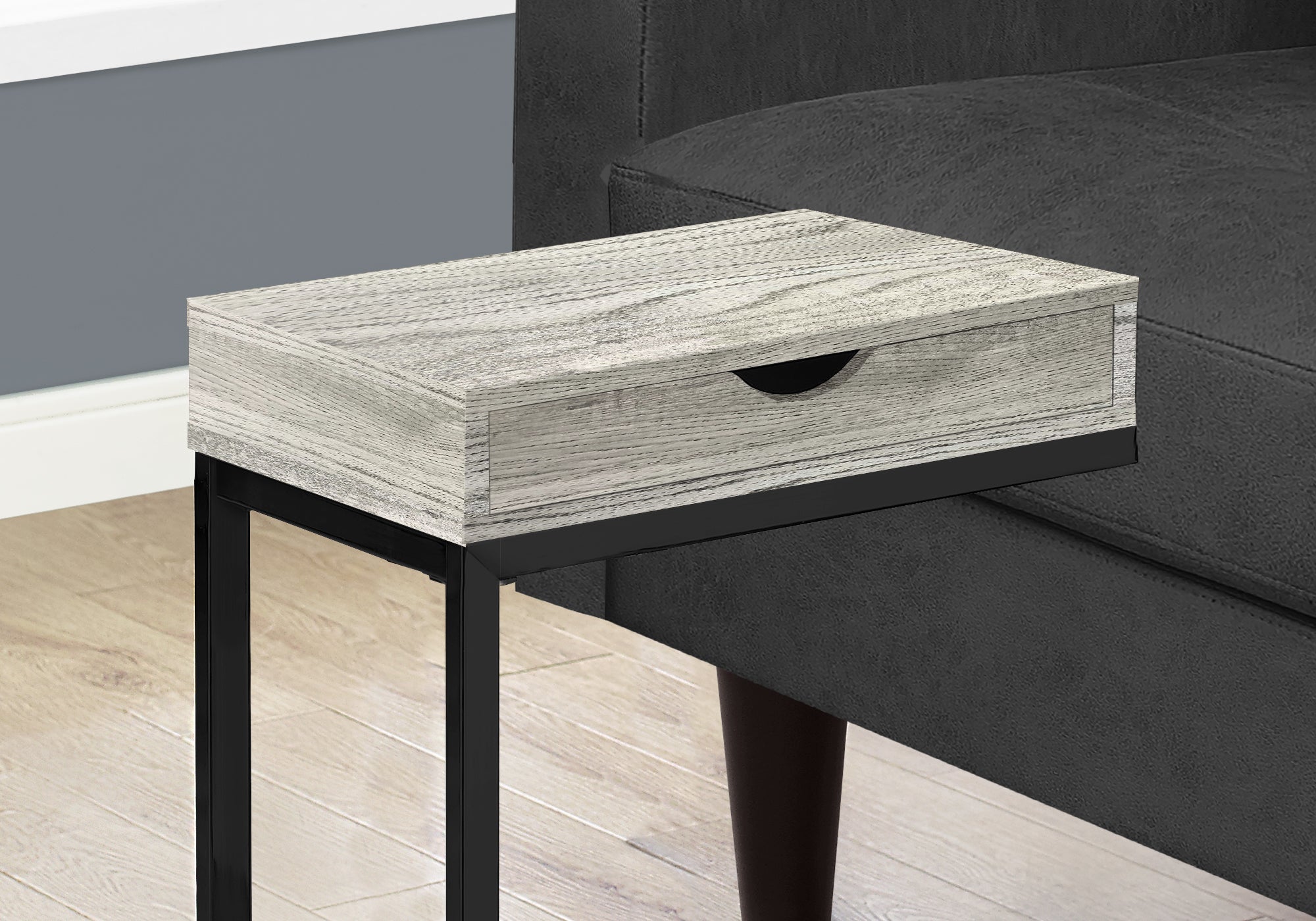 TABLE D'APPOINT - SIMILI BOIS GRIS / NOIR / TIROIR