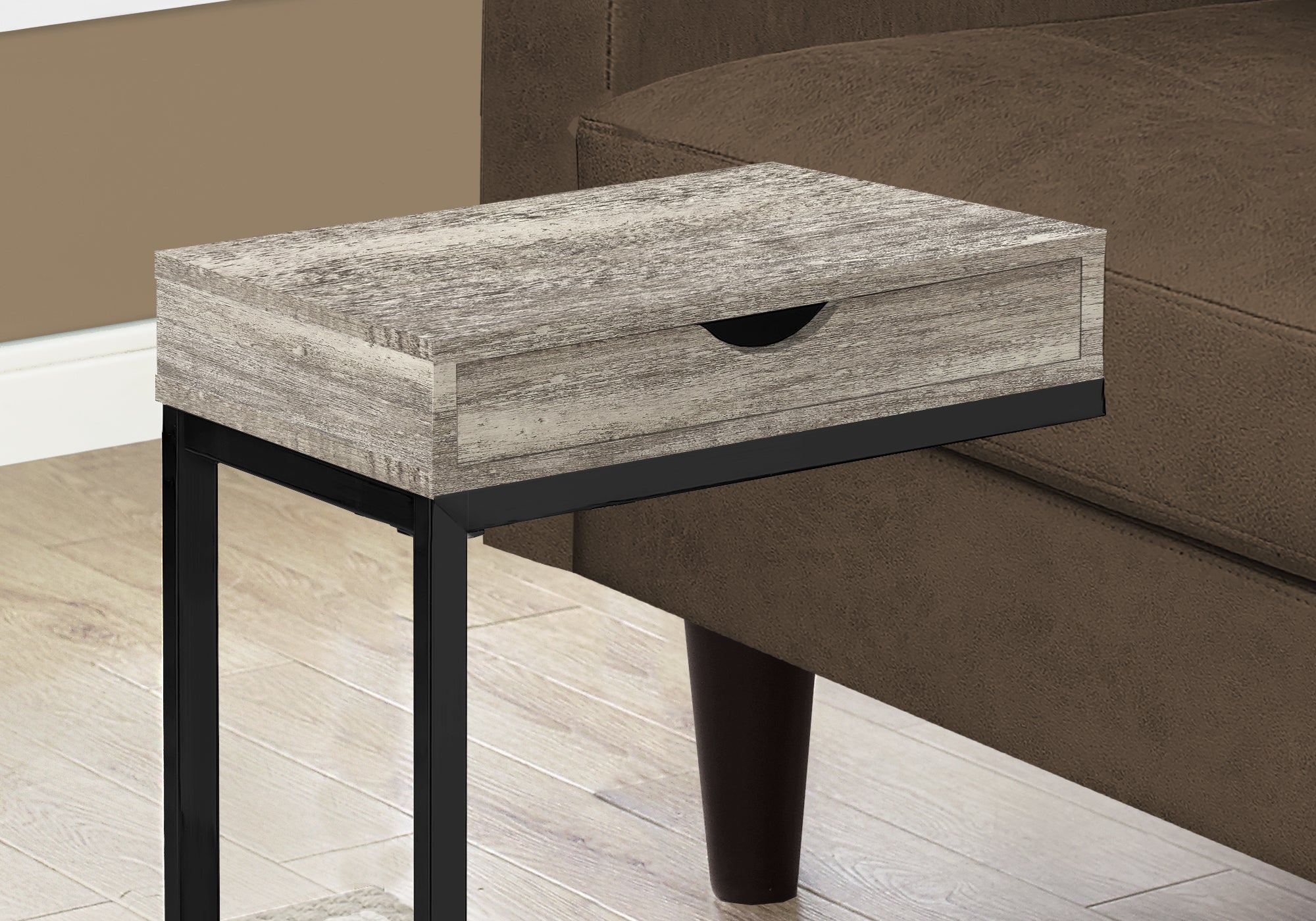 TABLE D'APPOINT - ASPECT BOIS TAUPE / NOIR / TIROIR