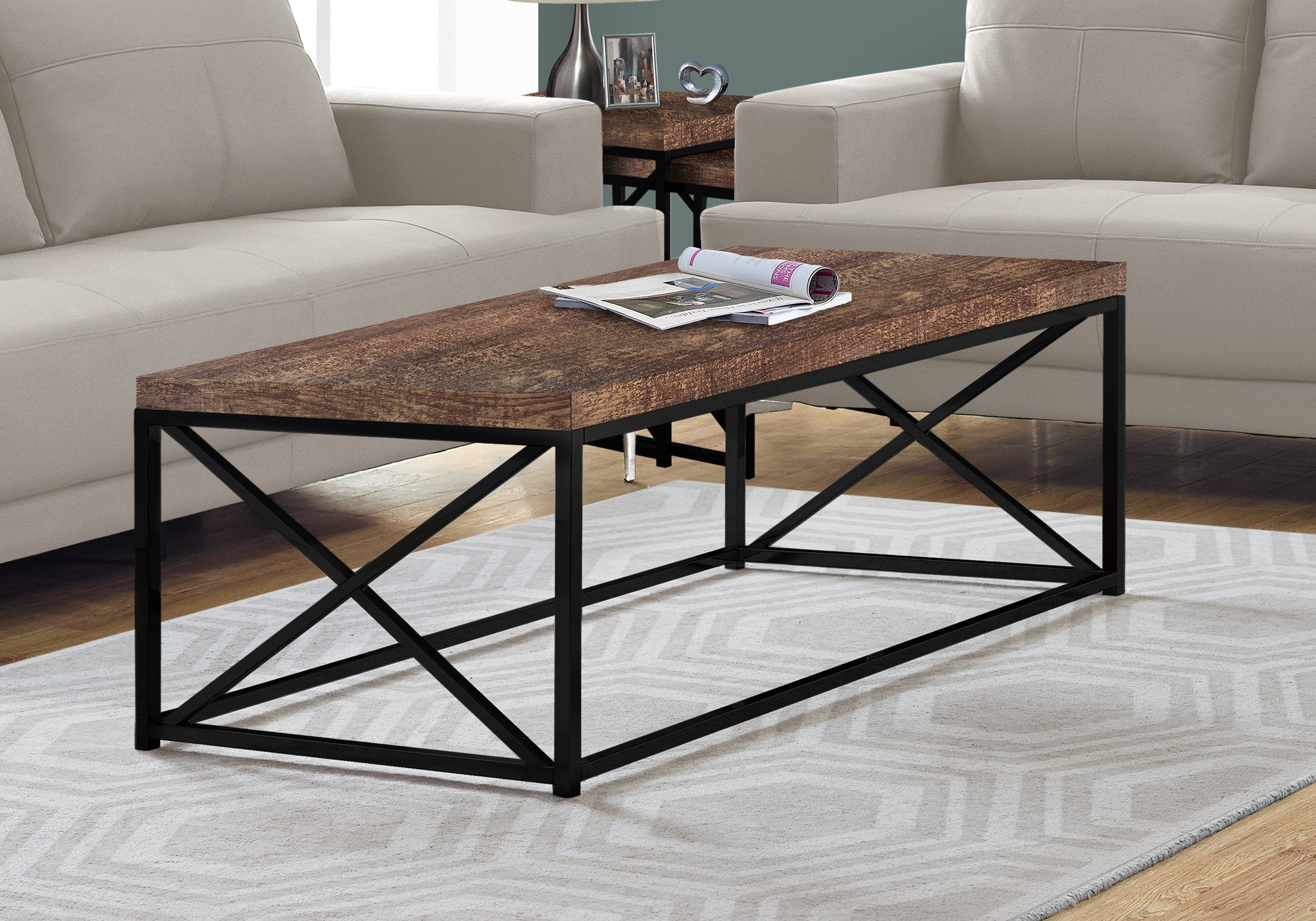 TABLE BASSE - SIMILI BOIS BRUN / MÉTAL NOIR 