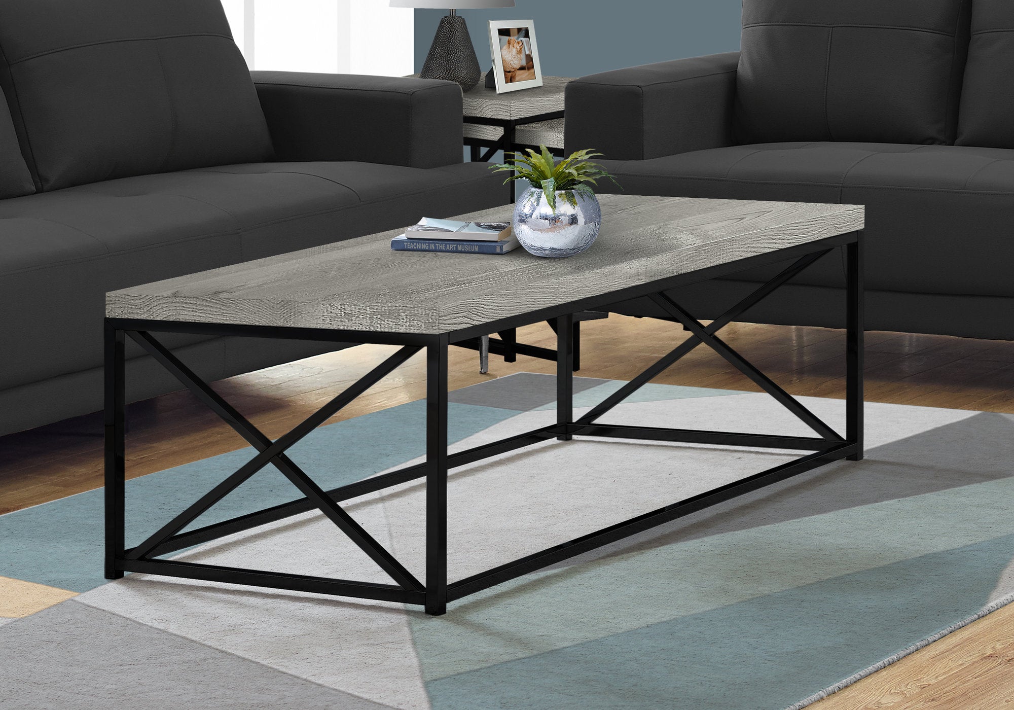 TABLE BASSE - ASPECT BOIS GRIS/MÉTAL NOIR 