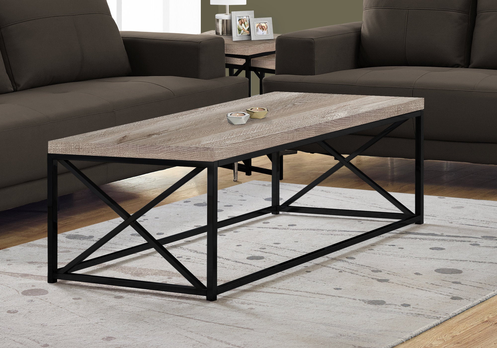TABLE BASSE - ASPECT BOIS TAUPE / MÉTAL NOIR