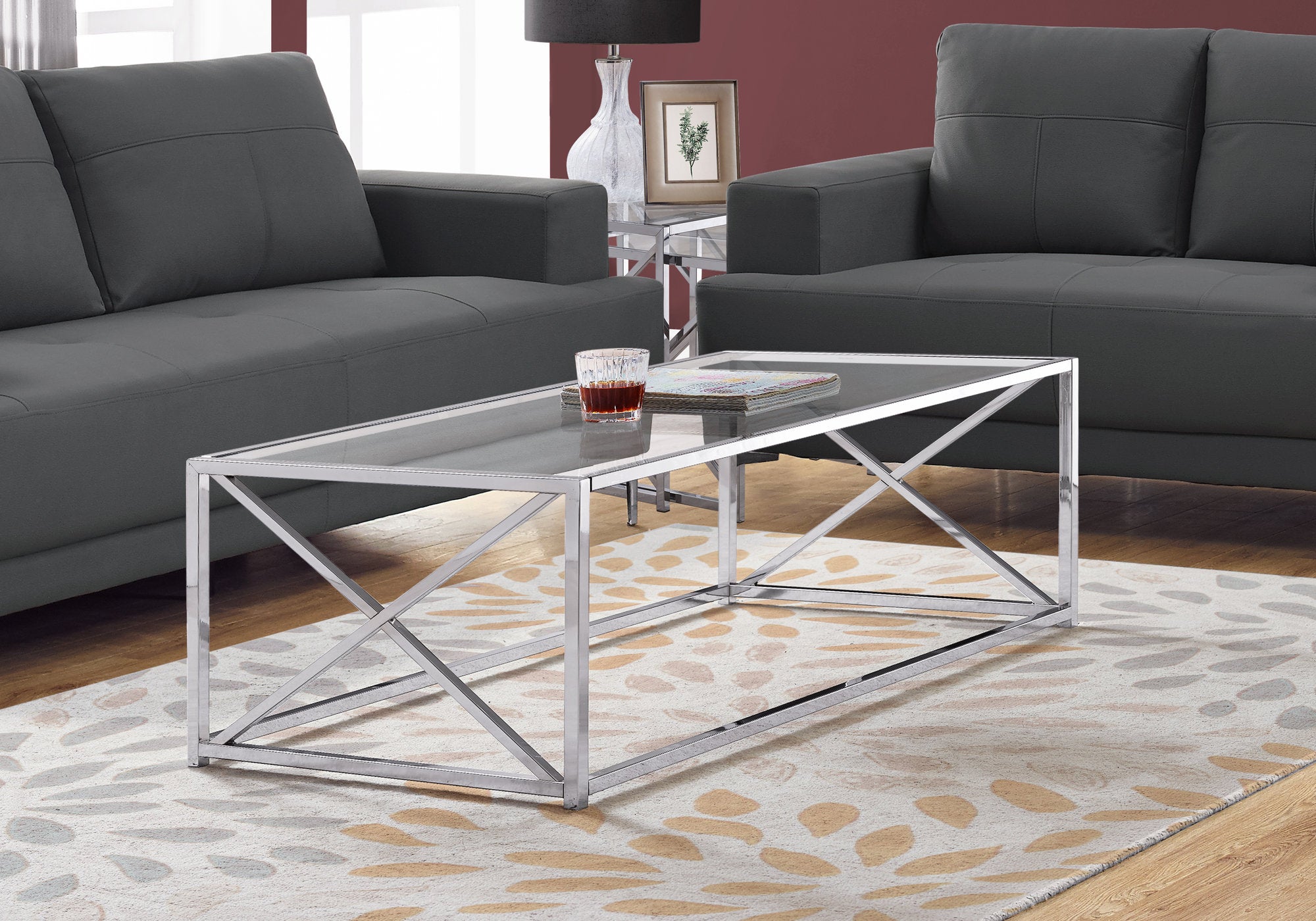 TABLE BASSE - 44"L / METAL CHROME AVEC VERRE TREMPE 