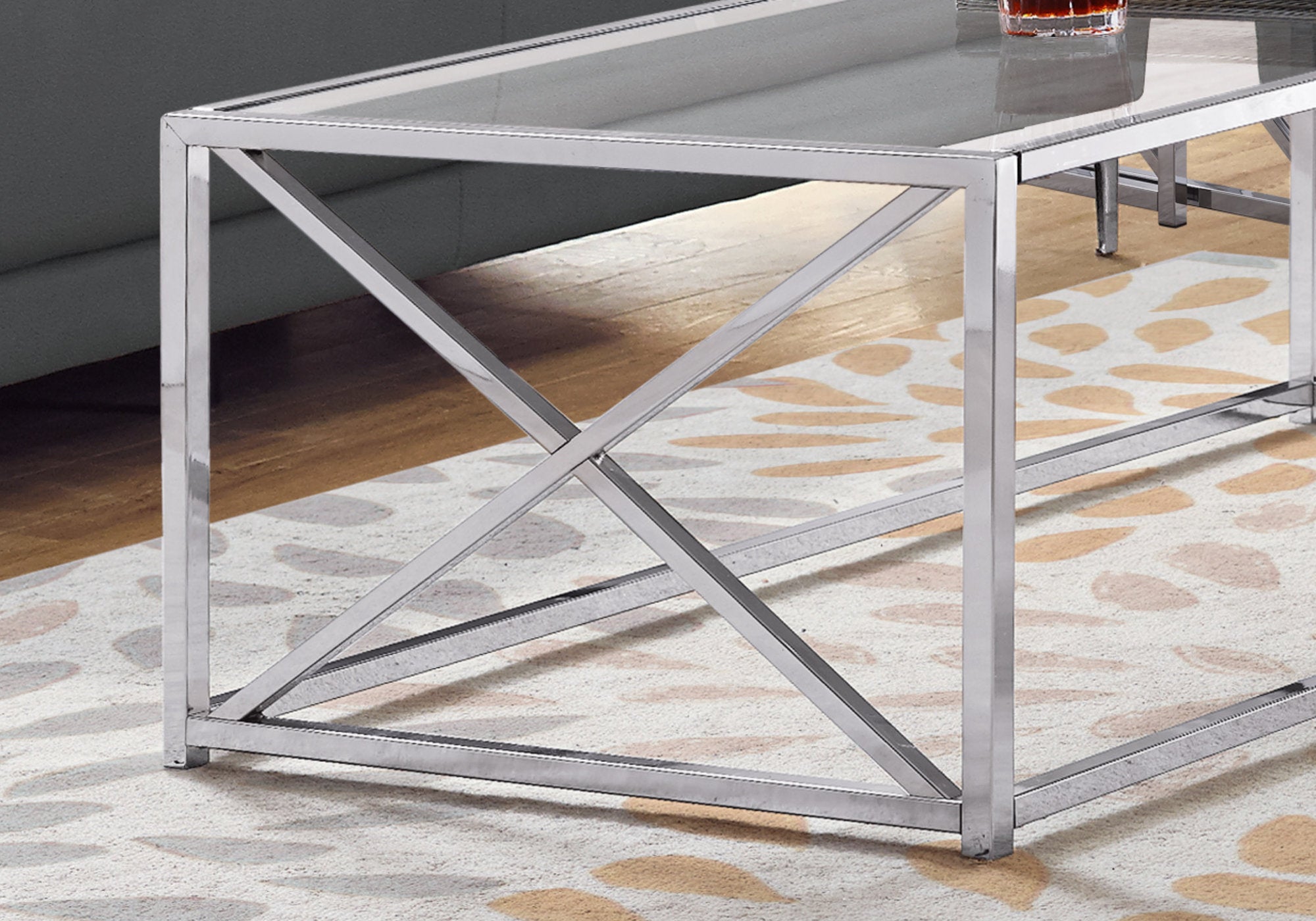 TABLE BASSE - 44"L / METAL CHROME AVEC VERRE TREMPE