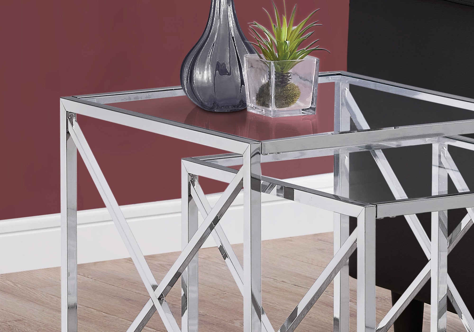 TABLE GIGOGNE - ENSEMBLE 2PCS / METAL CHROME A/ VERRE TREMPE
