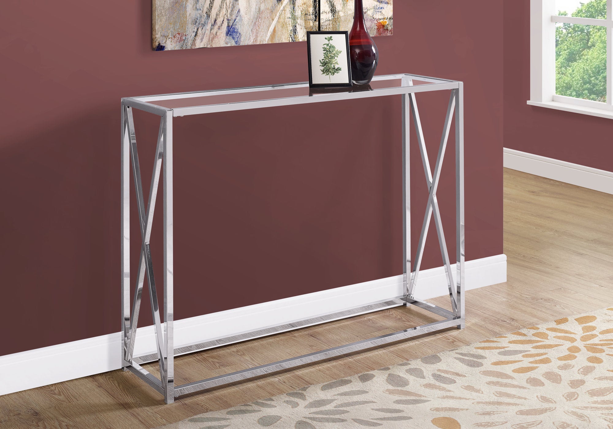 TABLE D'APPOINT - 42"L / METAL CHROME AVEC VERRE TREMPE 