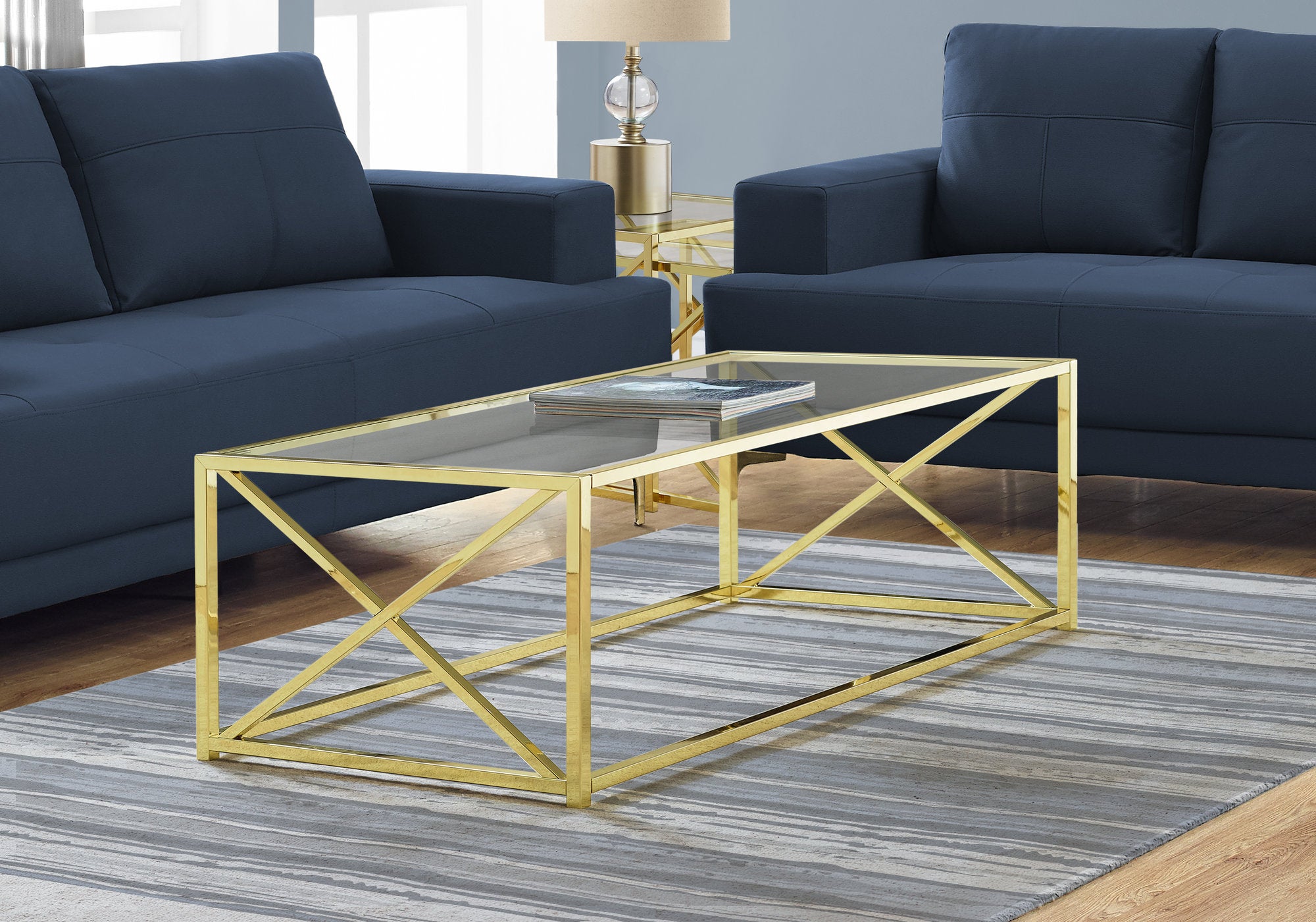 TABLE BASSE - 44"L / MÉTAL DORÉ AVEC VERRE TREMPÉ
