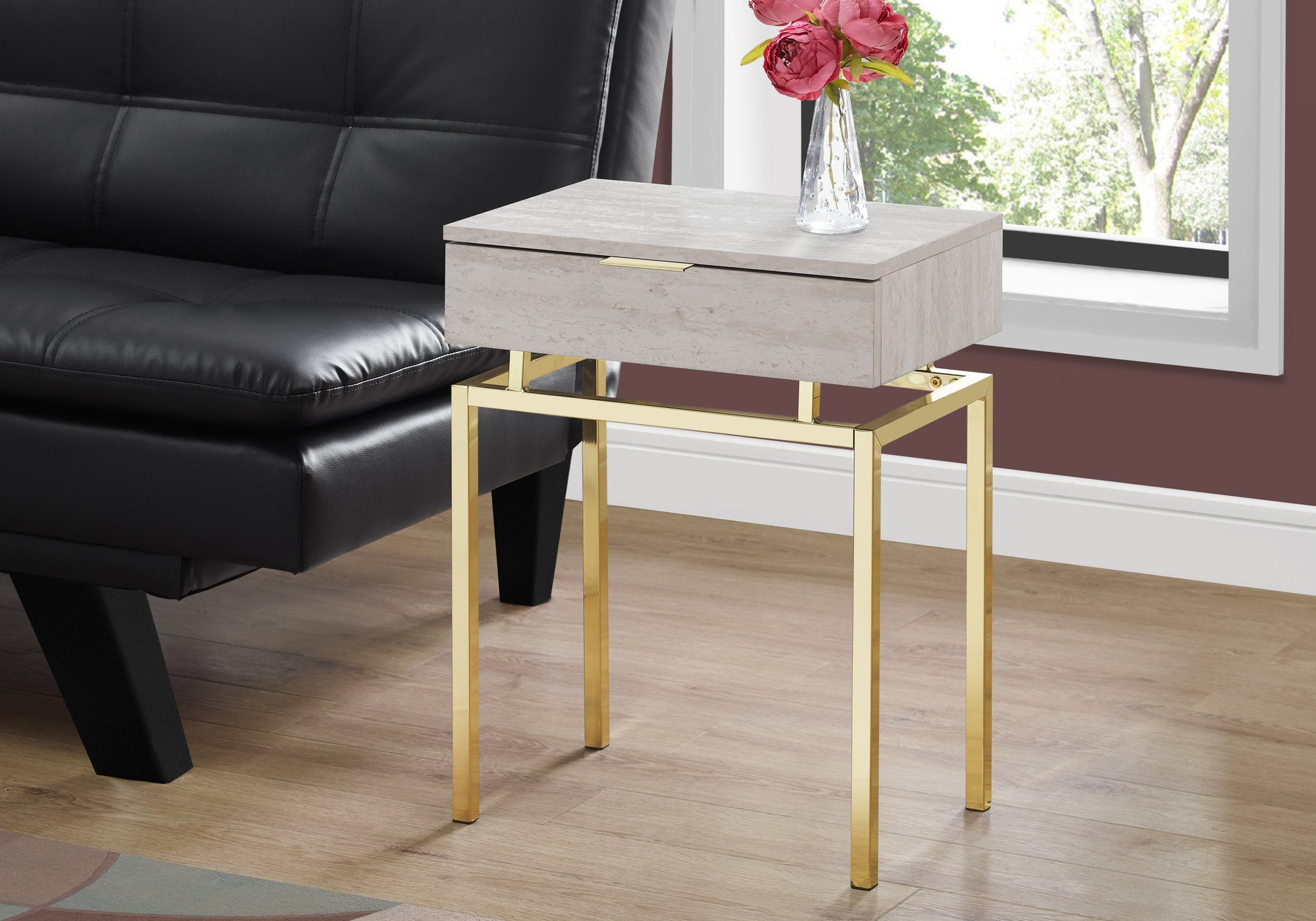 TABLE D'APPOINT - 24"H / MARBRE BEIGE / MÉTAL DORÉ 
