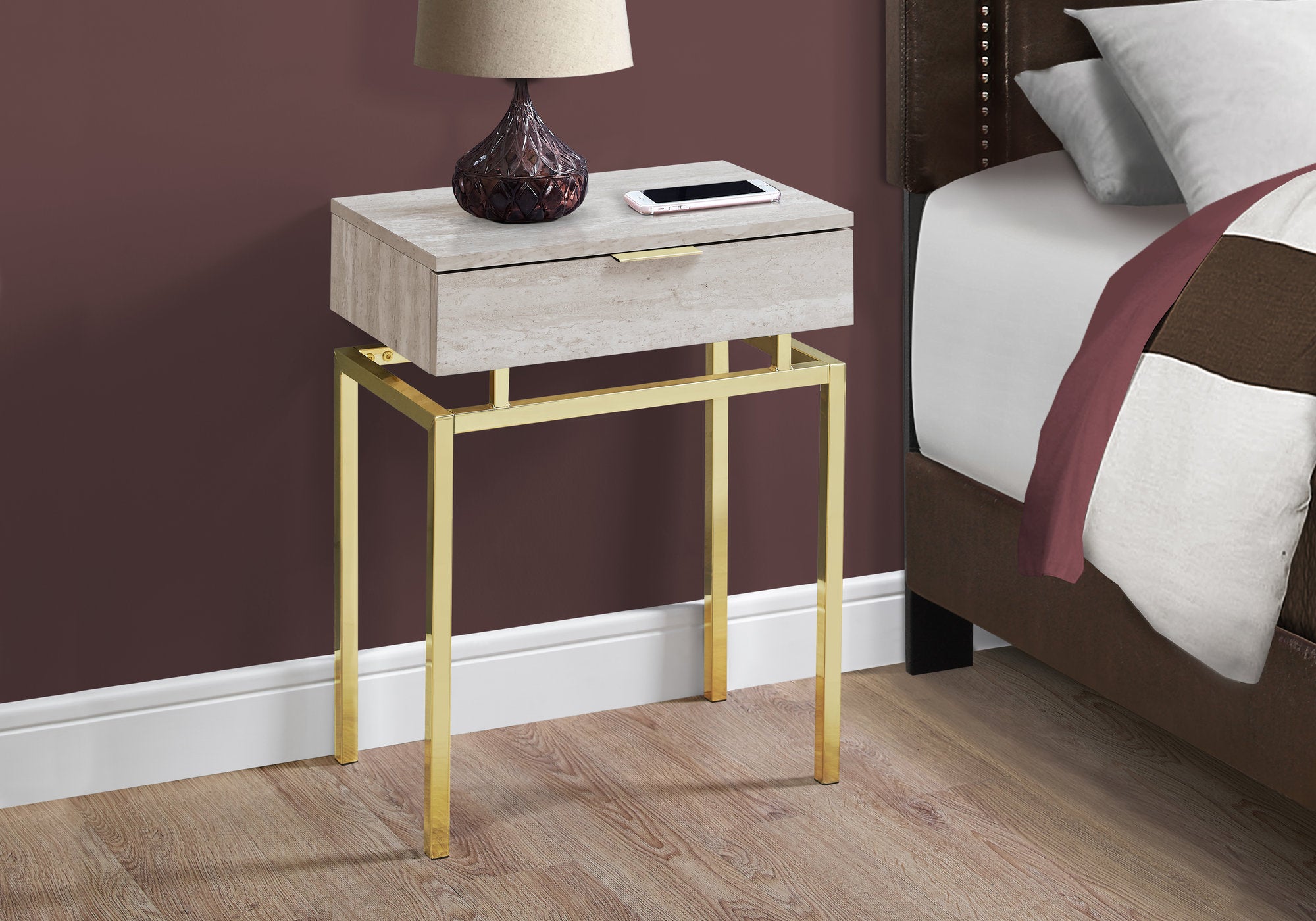 TABLE D'APPOINT - 24"H / MARBRE BEIGE / MÉTAL DORÉ 