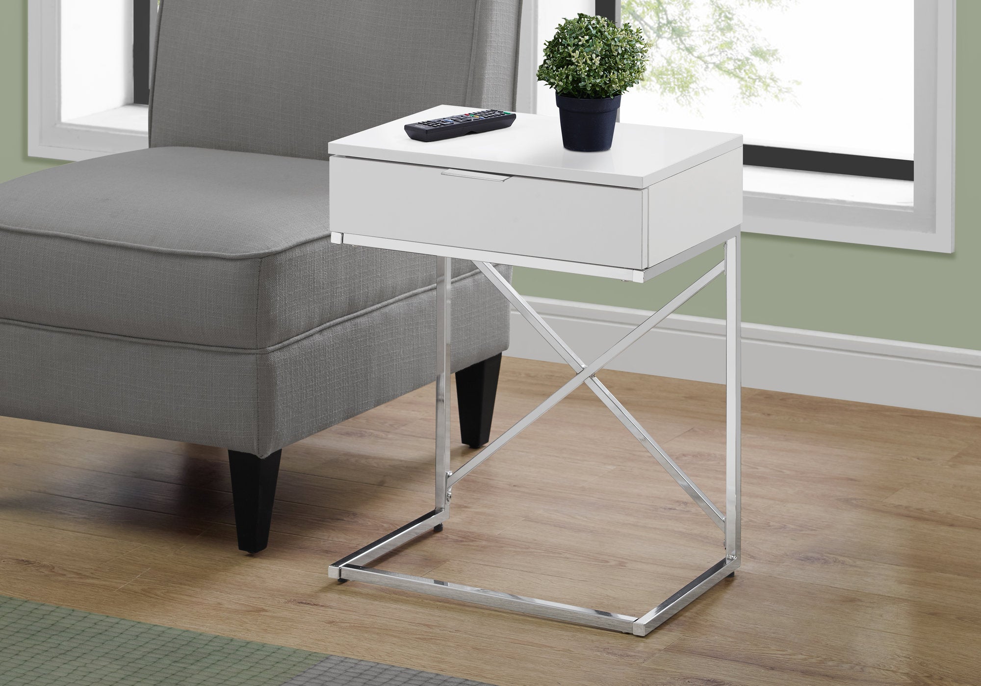 TABLE D'APPOINT - 24"H / BLANC BRILLANT / METAL CHROME 