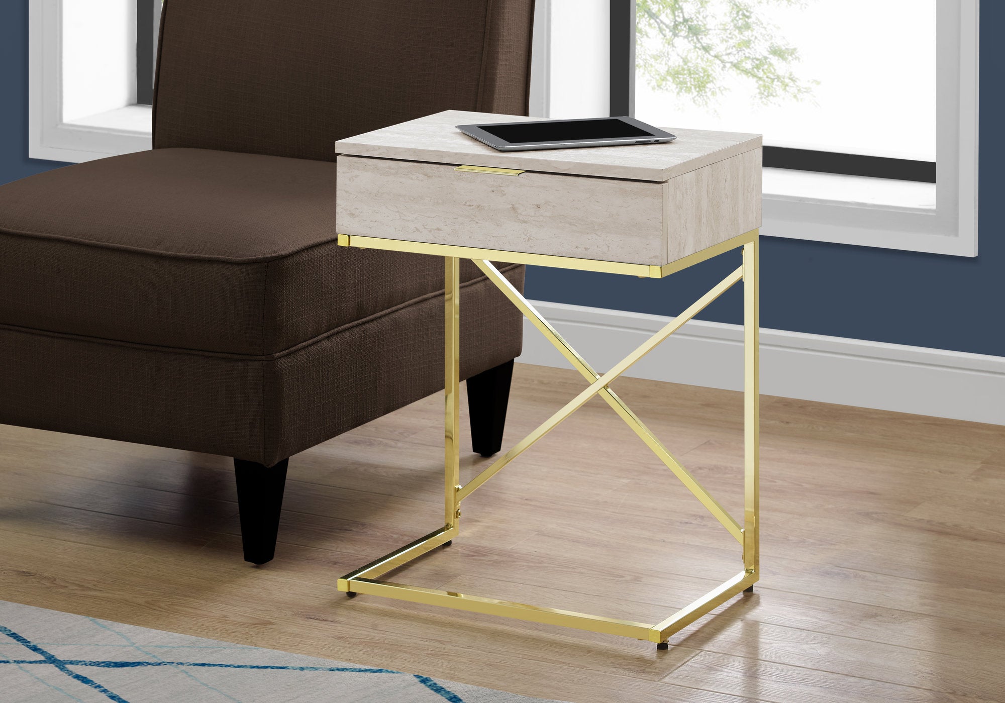 TABLE D'APPOINT - 24"H / MARBRE BEIGE / MÉTAL DORÉ 