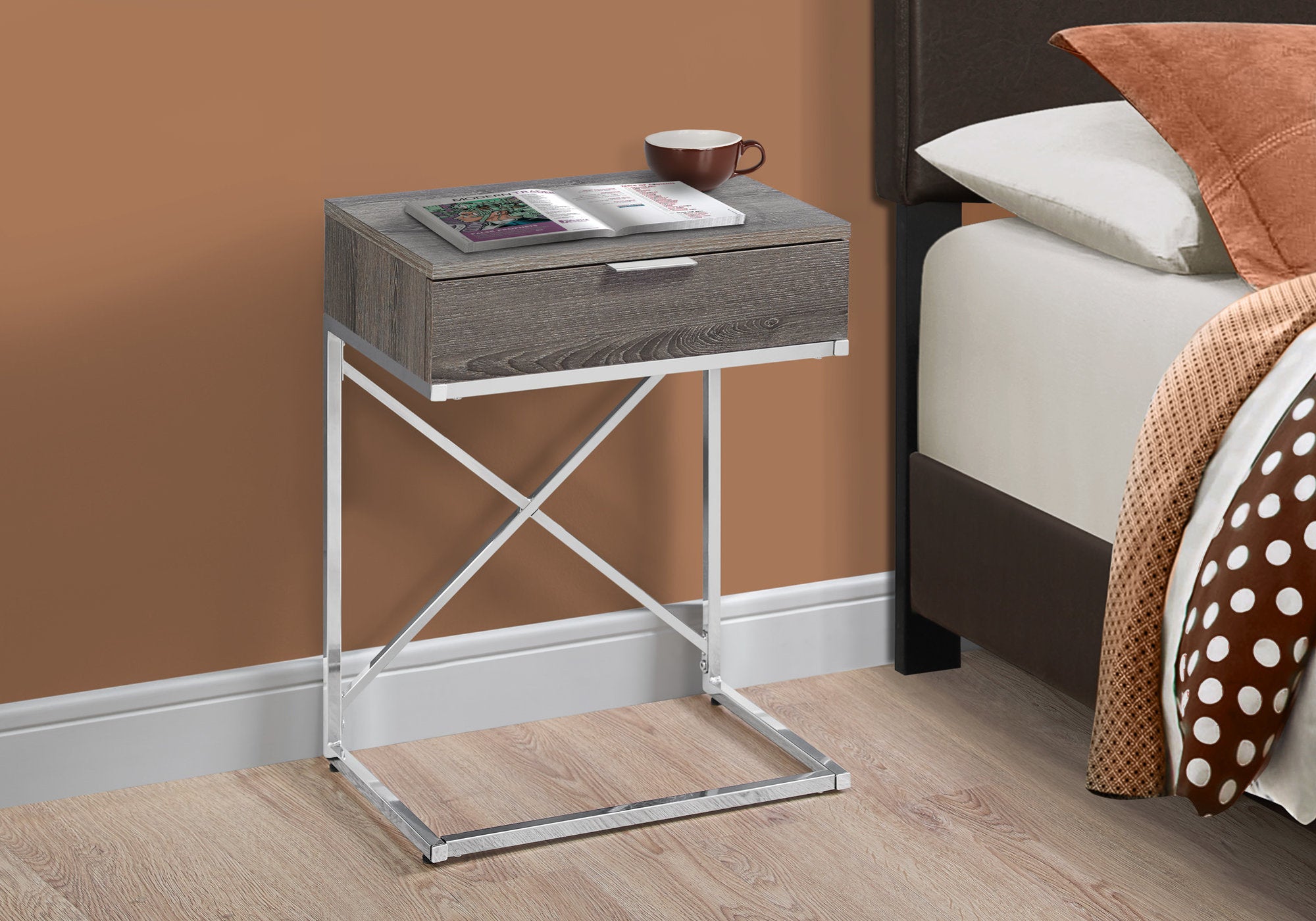 TABLE D'APPOINT - 24"H / FONCE TAUPE / METAL CHROME 