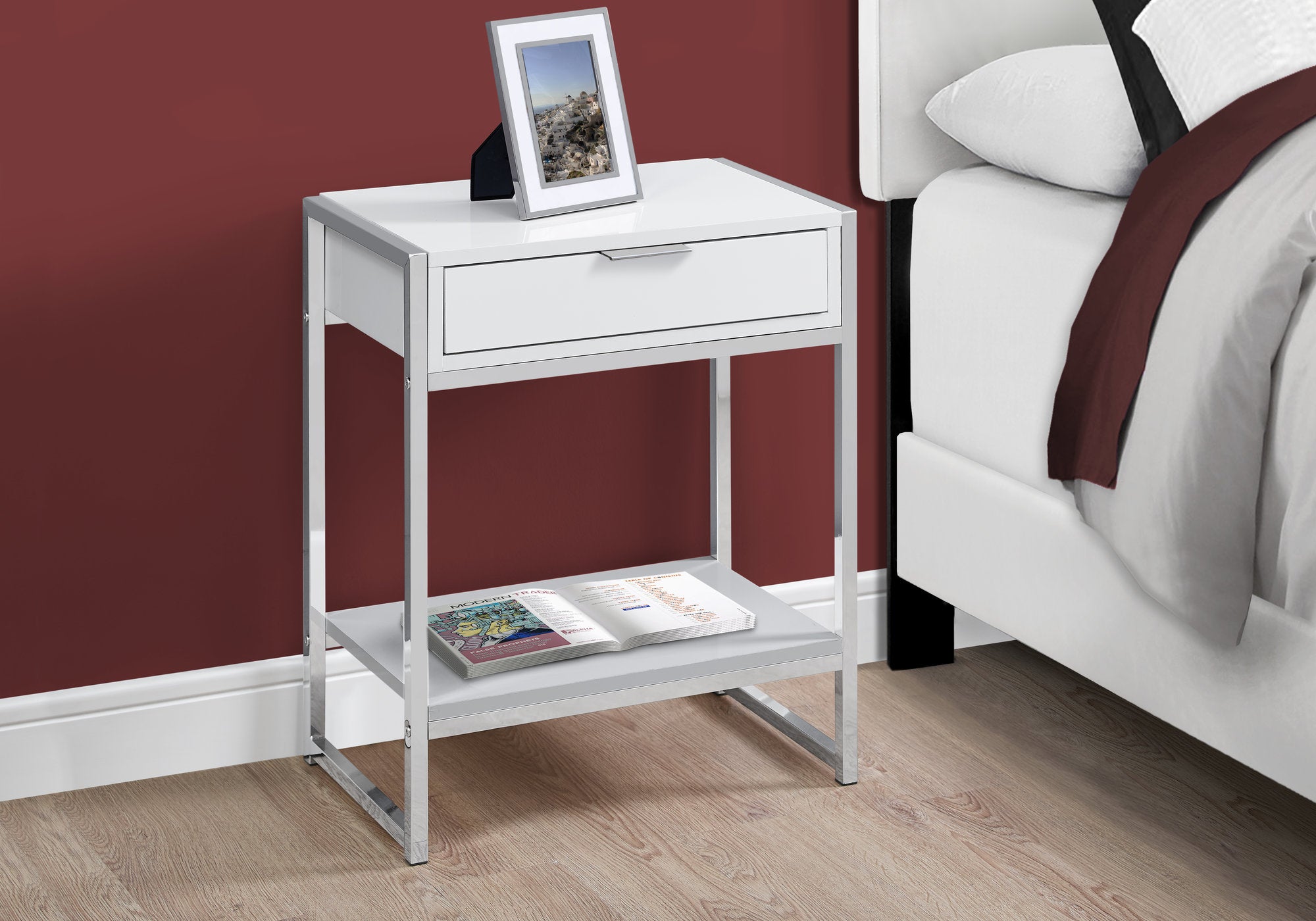 TABLE D'APPOINT - 24"H / BLANC BRILLANT / METAL CHROME 