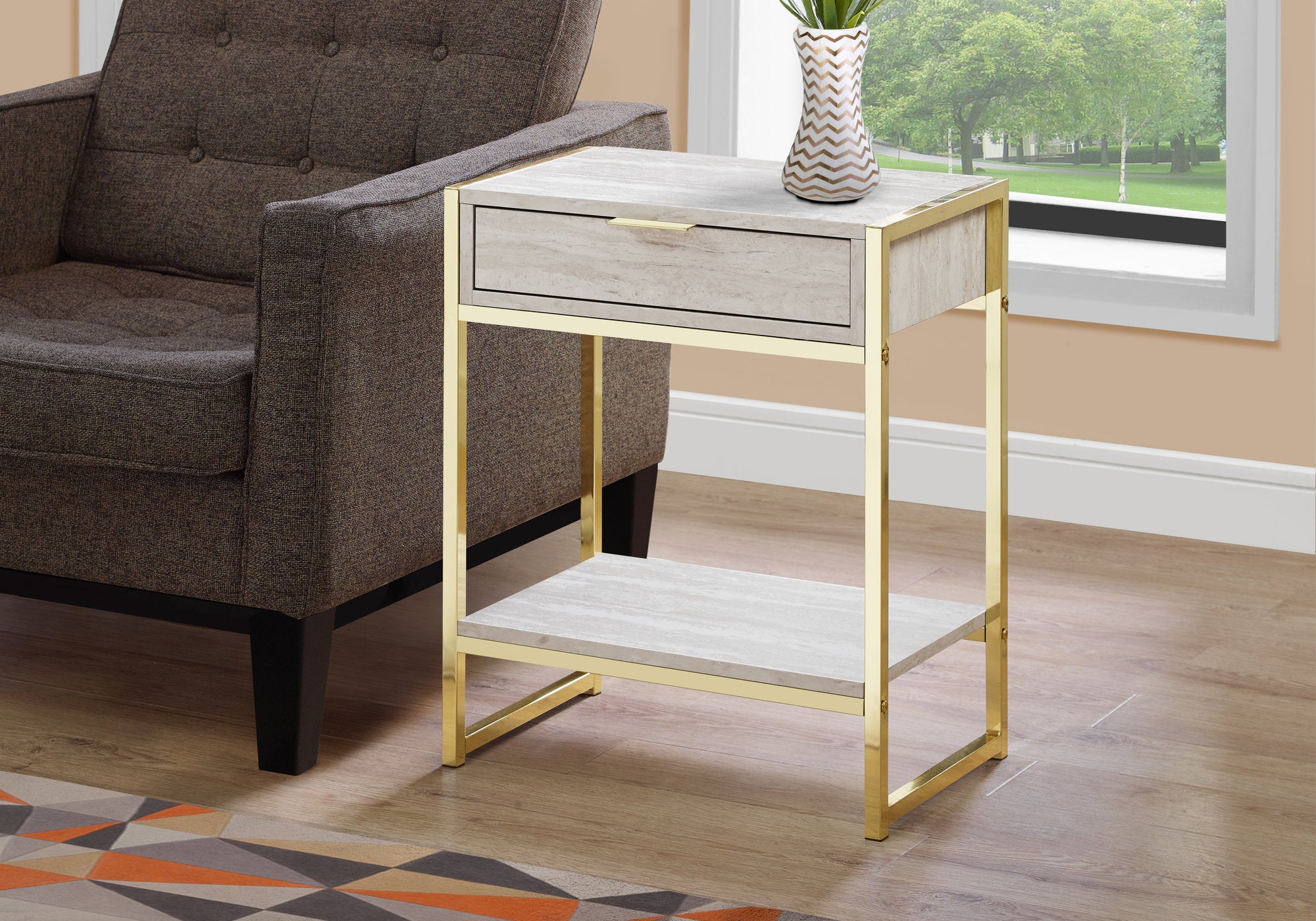 TABLE D'APPOINT - 24"H / MARBRE BEIGE / MÉTAL DORÉ 