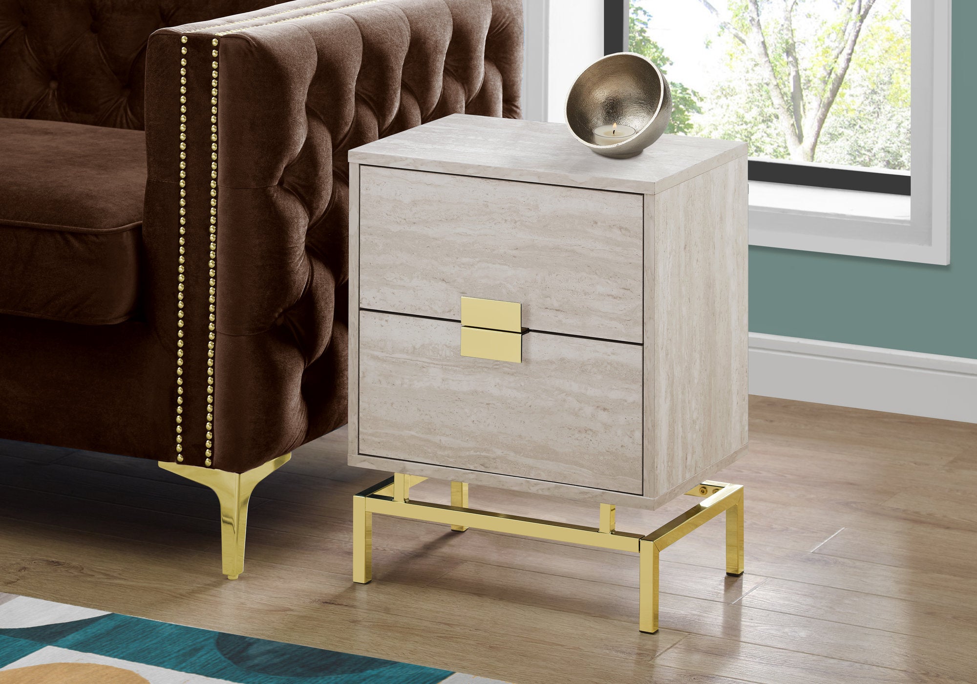 TABLE D'APPOINT - 24"H / MARBRE BEIGE / MÉTAL DORÉ 