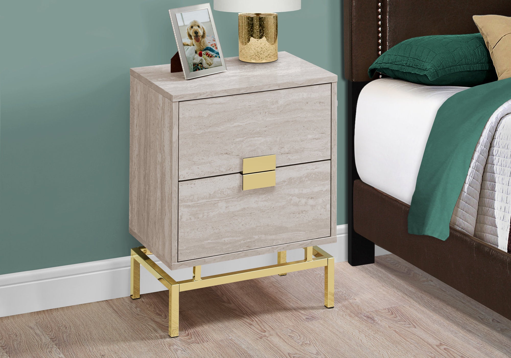 TABLE D'APPOINT - 24"H / MARBRE BEIGE / MÉTAL DORÉ 
