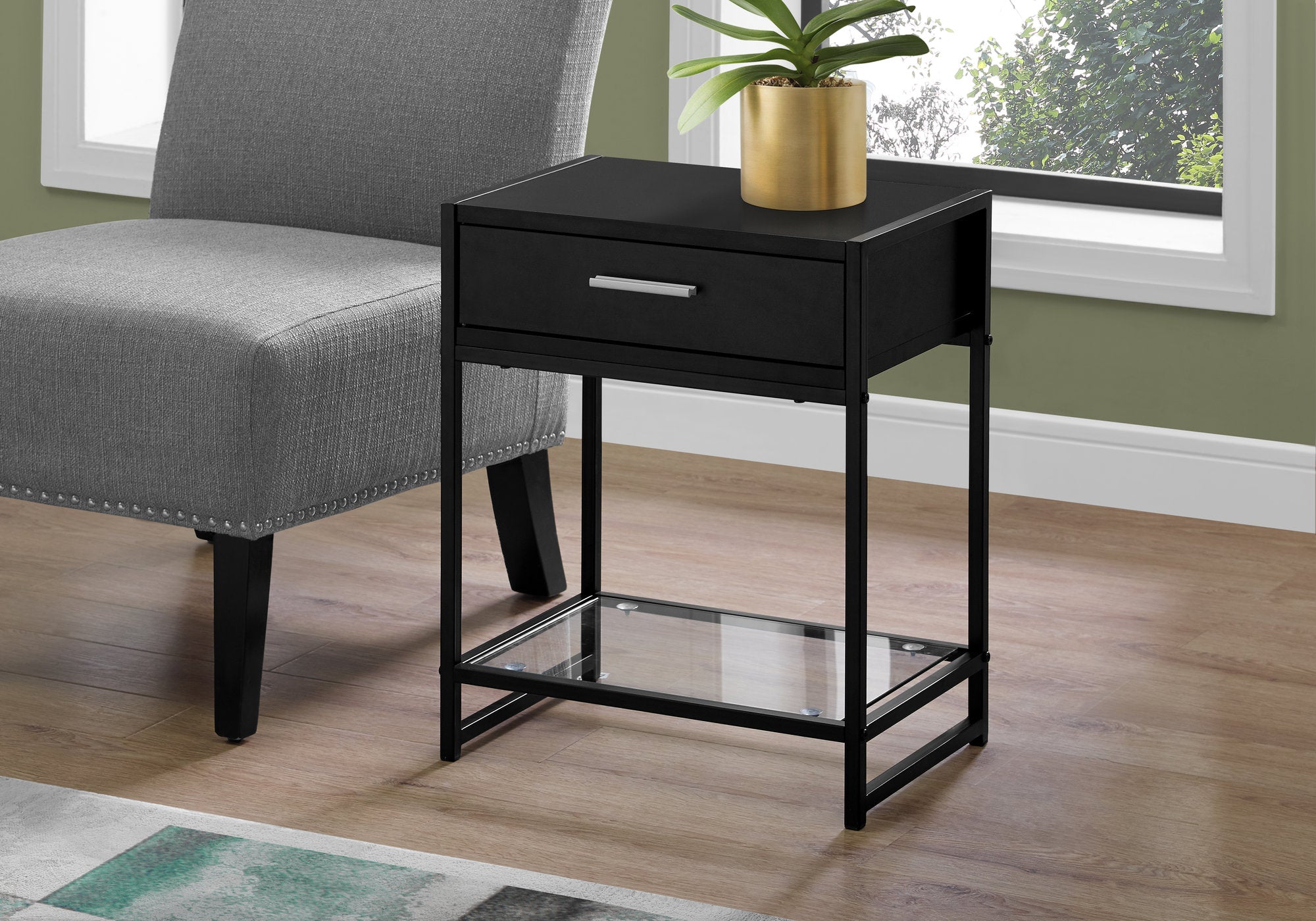 TABLE D'APPOINT - 22"H / NOIR / METAL NOIR/ VERRE TREMPE 