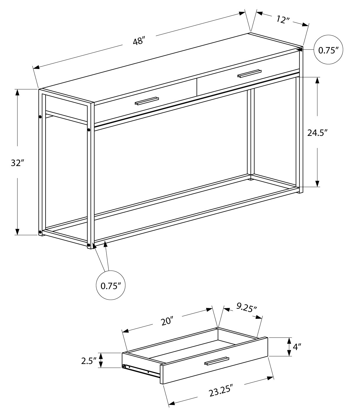 TABLE D'APPOINT - 48"L / NOIR / CONSOLE D'ENTREE METAL NOIR 