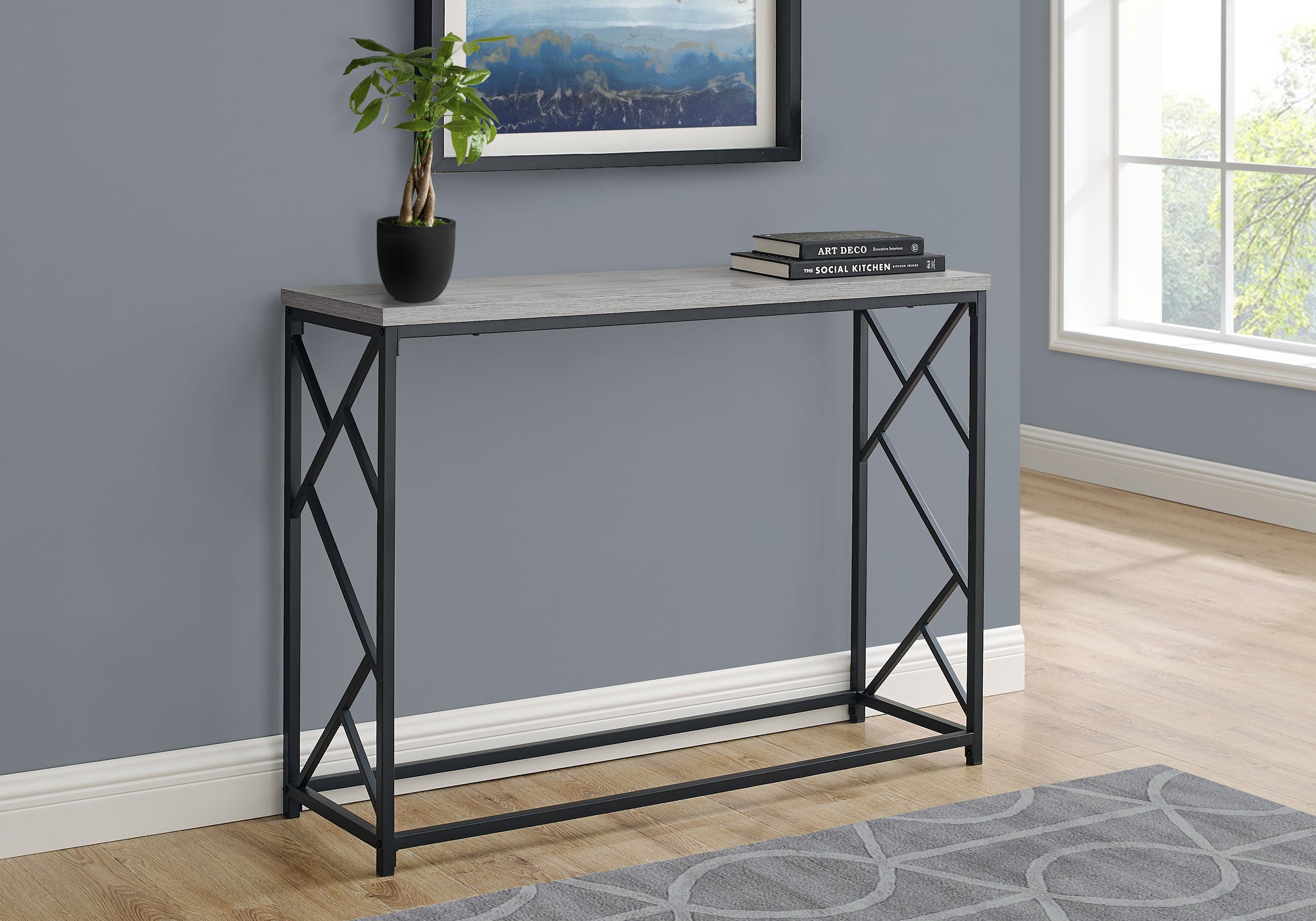 TABLE D'APPOINT - 44"L / CONSOLE D'ENTREE METAL GRIS / NOIR 