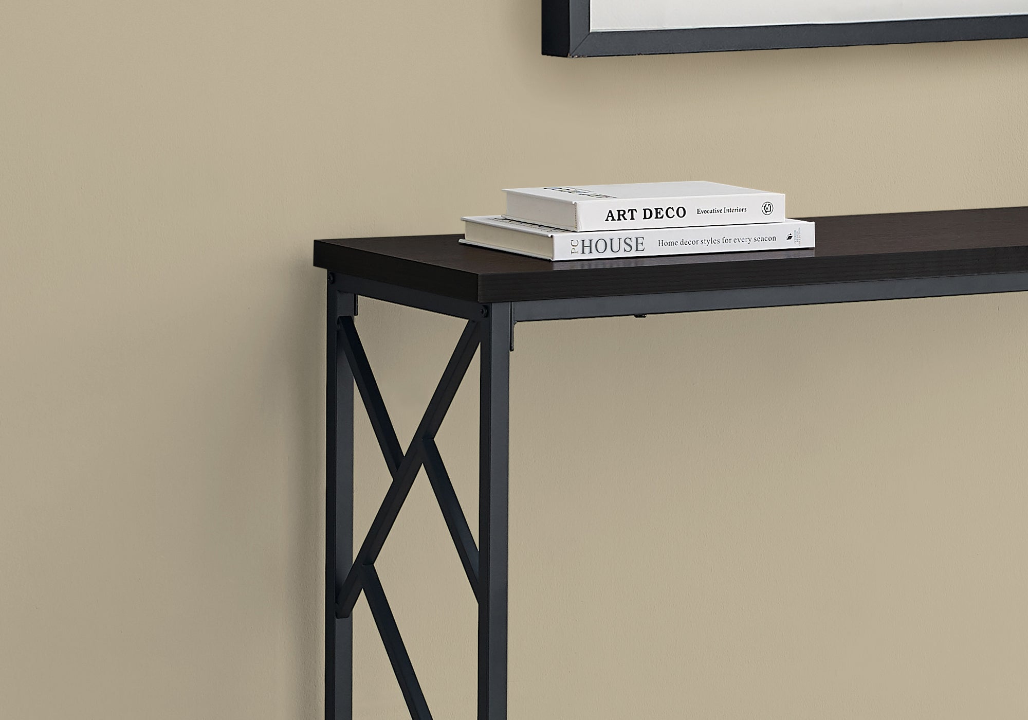 TABLE D'APPOINT - 44"L / ESPRESSO / CONSOLE D'ENTREE METAL NOIR 