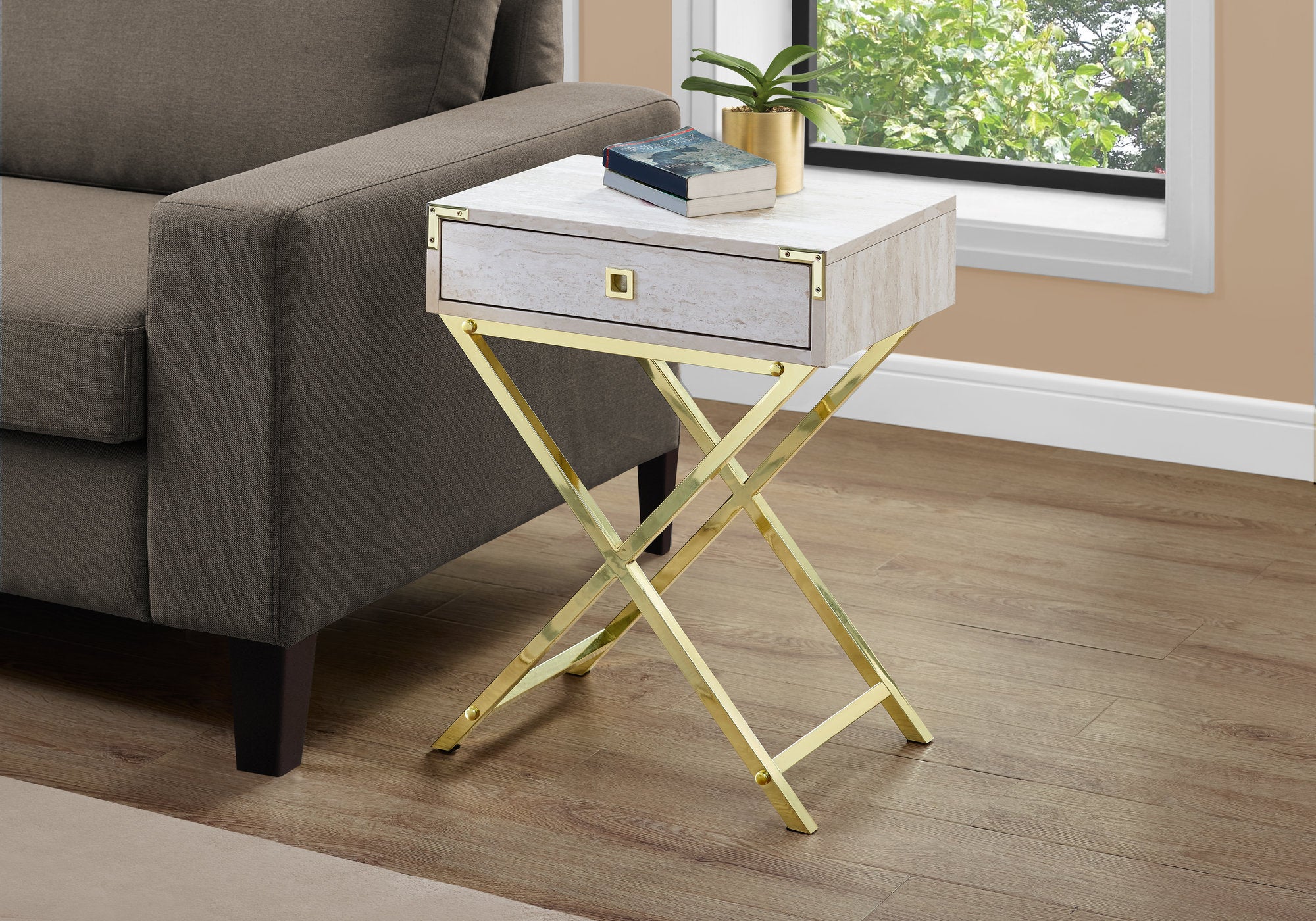 TABLE D'APPOINT - 24"H / MARBRE BEIGE / MÉTAL DORÉ 