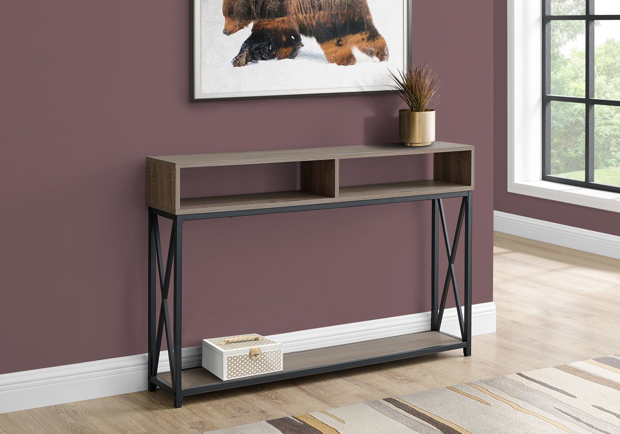 TABLE D'APPOINT - 48"L / CONSOLE D'ENTREE TAUPE / METAL NOIR 
