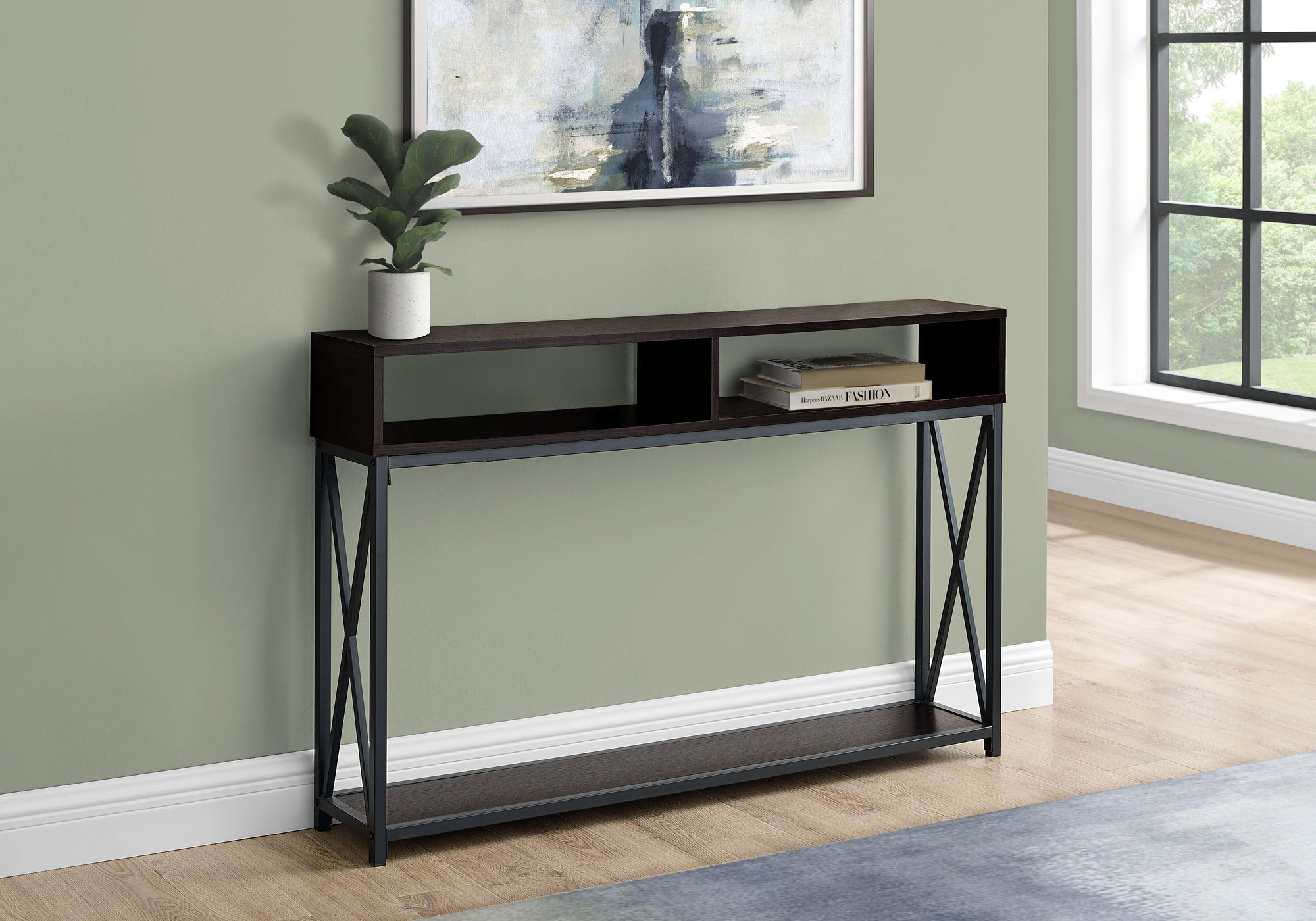 TABLE D'APPOINT - 48"L / ESPRESSO / CONSOLE D'ENTREE METAL NOIR 