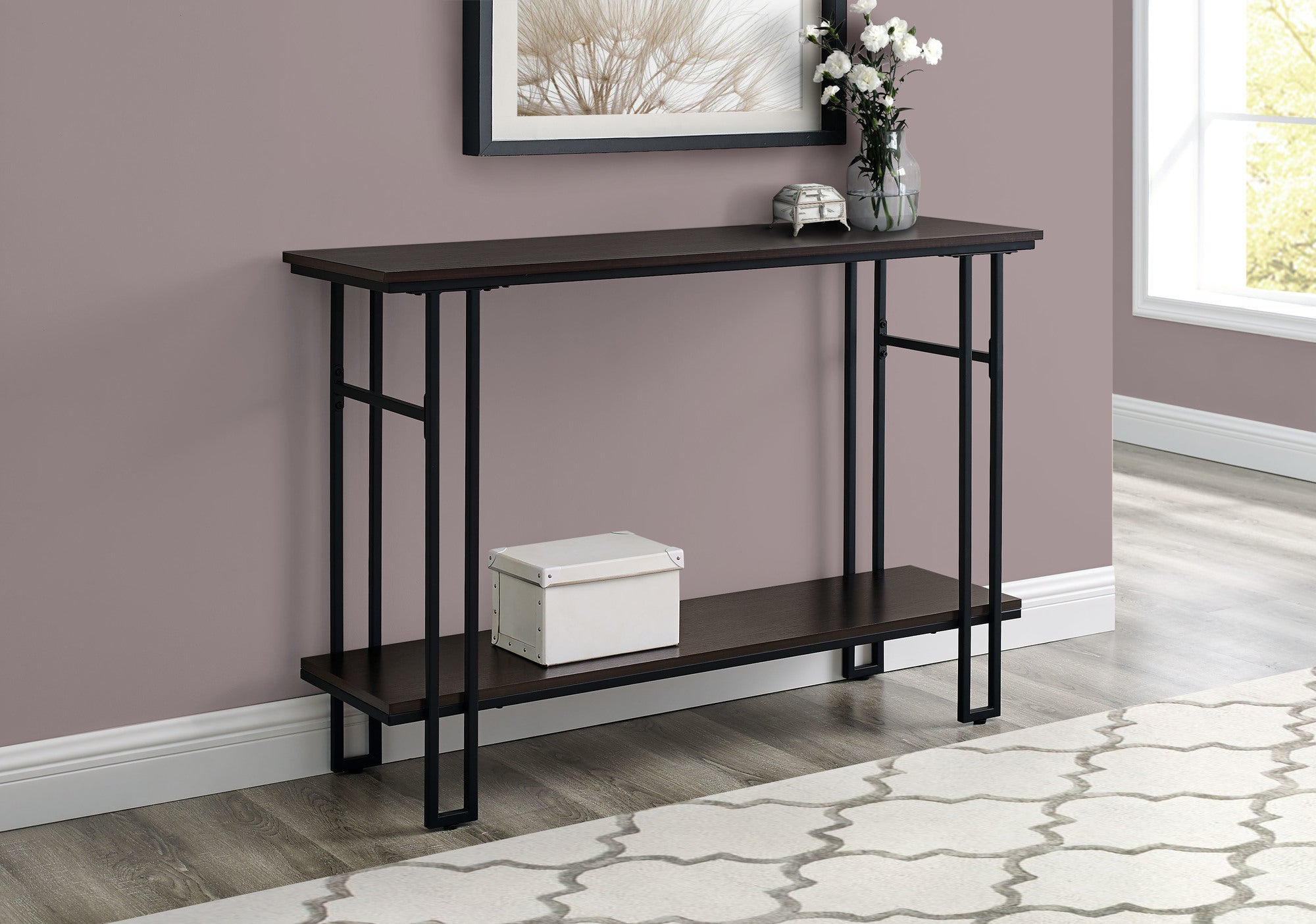 TABLE D'APPOINT - 48"L / ESPRESSO / CONSOLE D'ENTREE METAL NOIR 