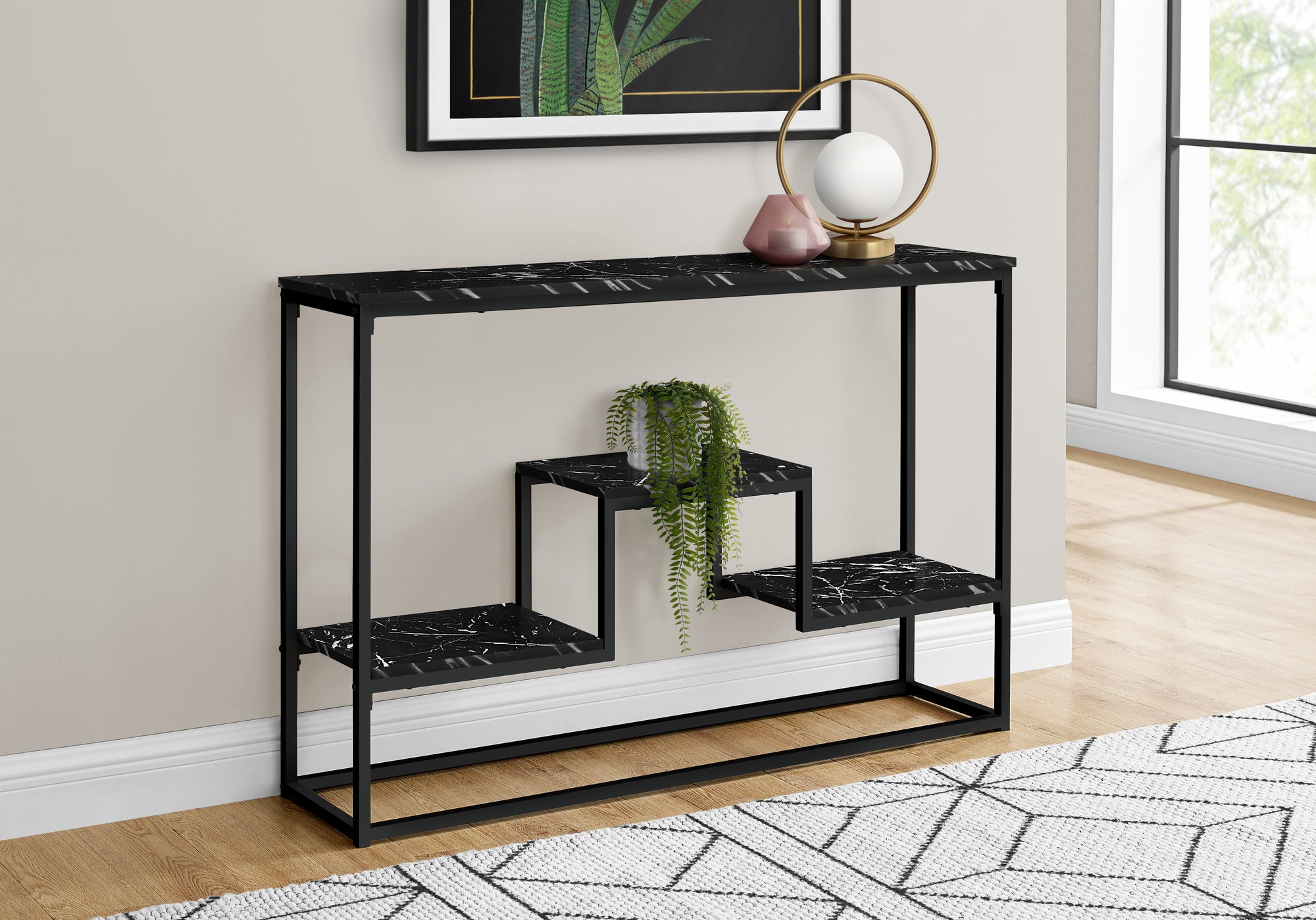 TABLE D'APPOINT - 48"L / MARBRE NOIR / CONSOLE METAL NOIR 