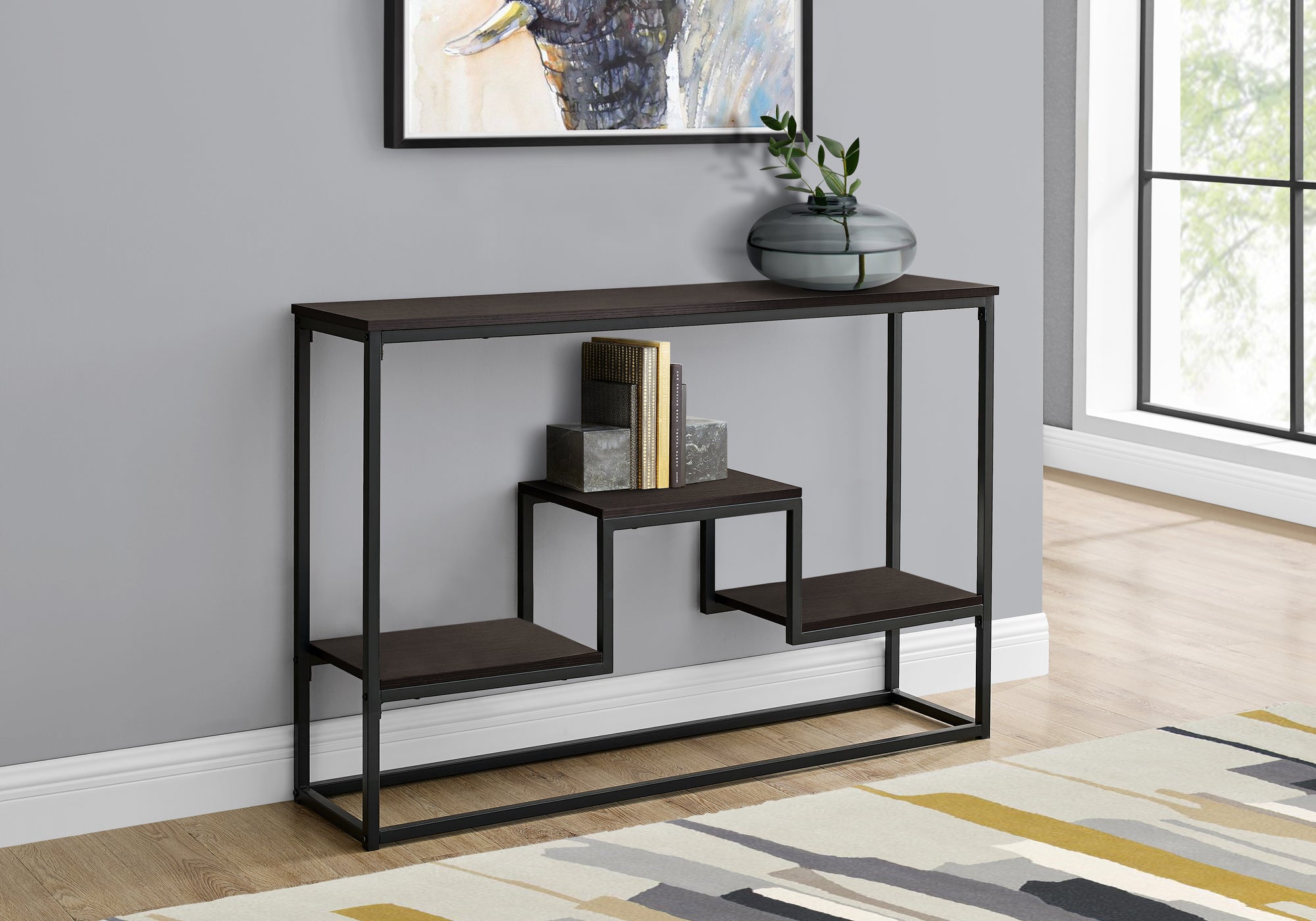 TABLE D'APPOINT - 48"L / ESPRESSO / CONSOLE D'ENTREE METAL NOIR 