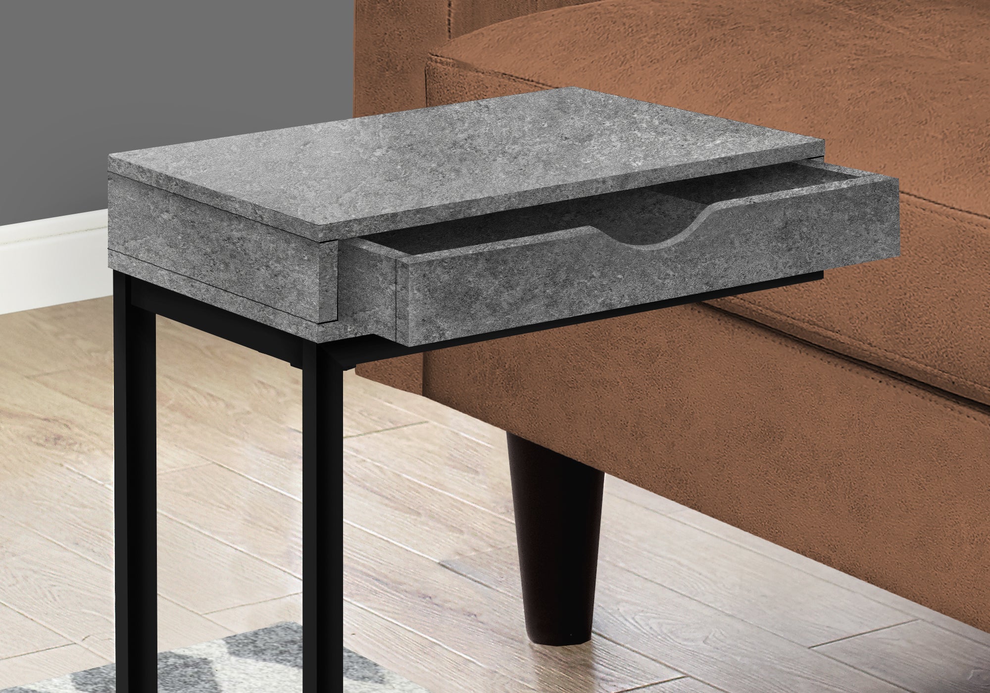 TABLE D'APPOINT - ASPECT PIERRE GRIS / MÉTAL NOIR 