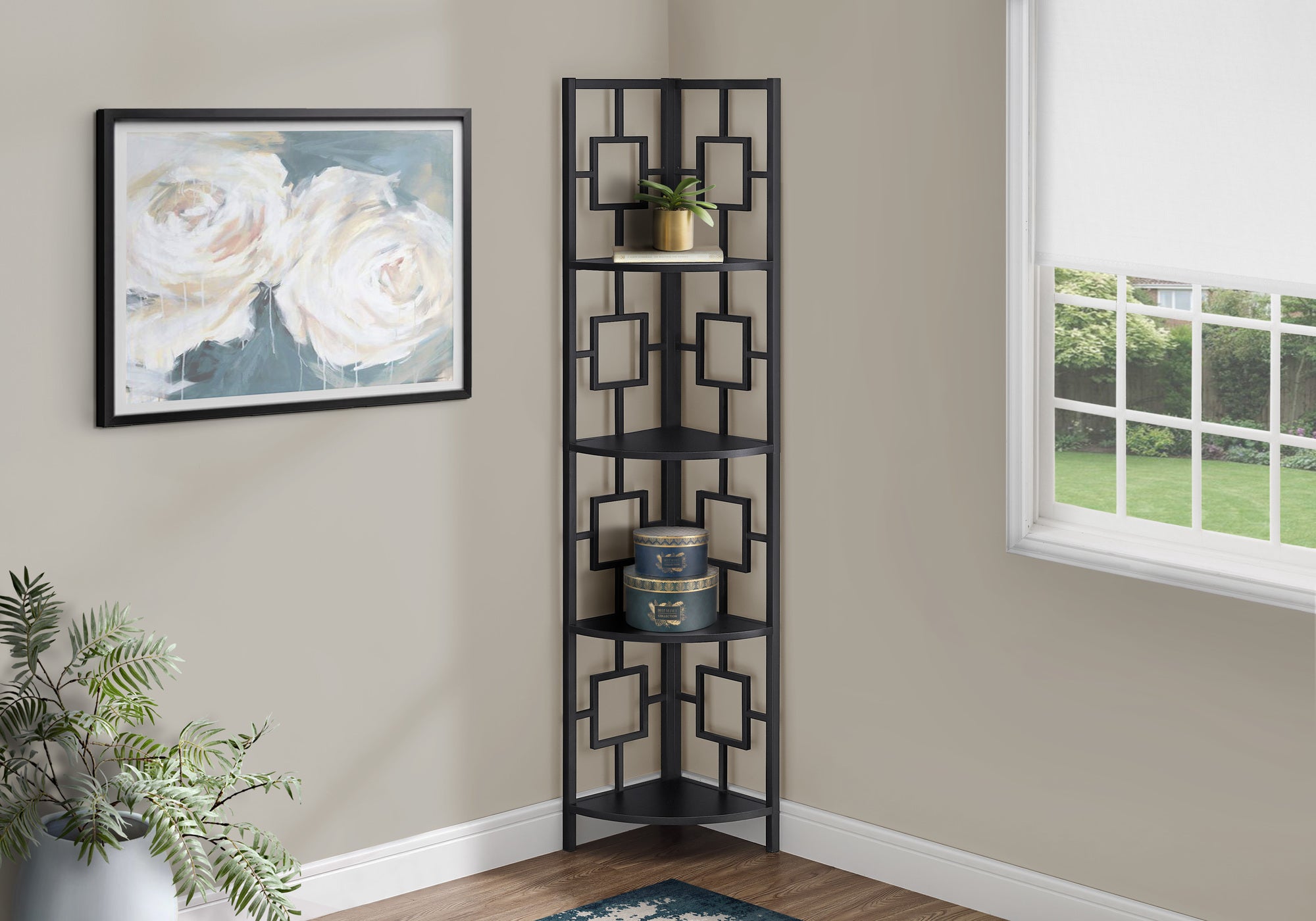 BIBLIOTHEQUE - 62"H / NOIR / ETAGERE EN COIN METAL NOIR