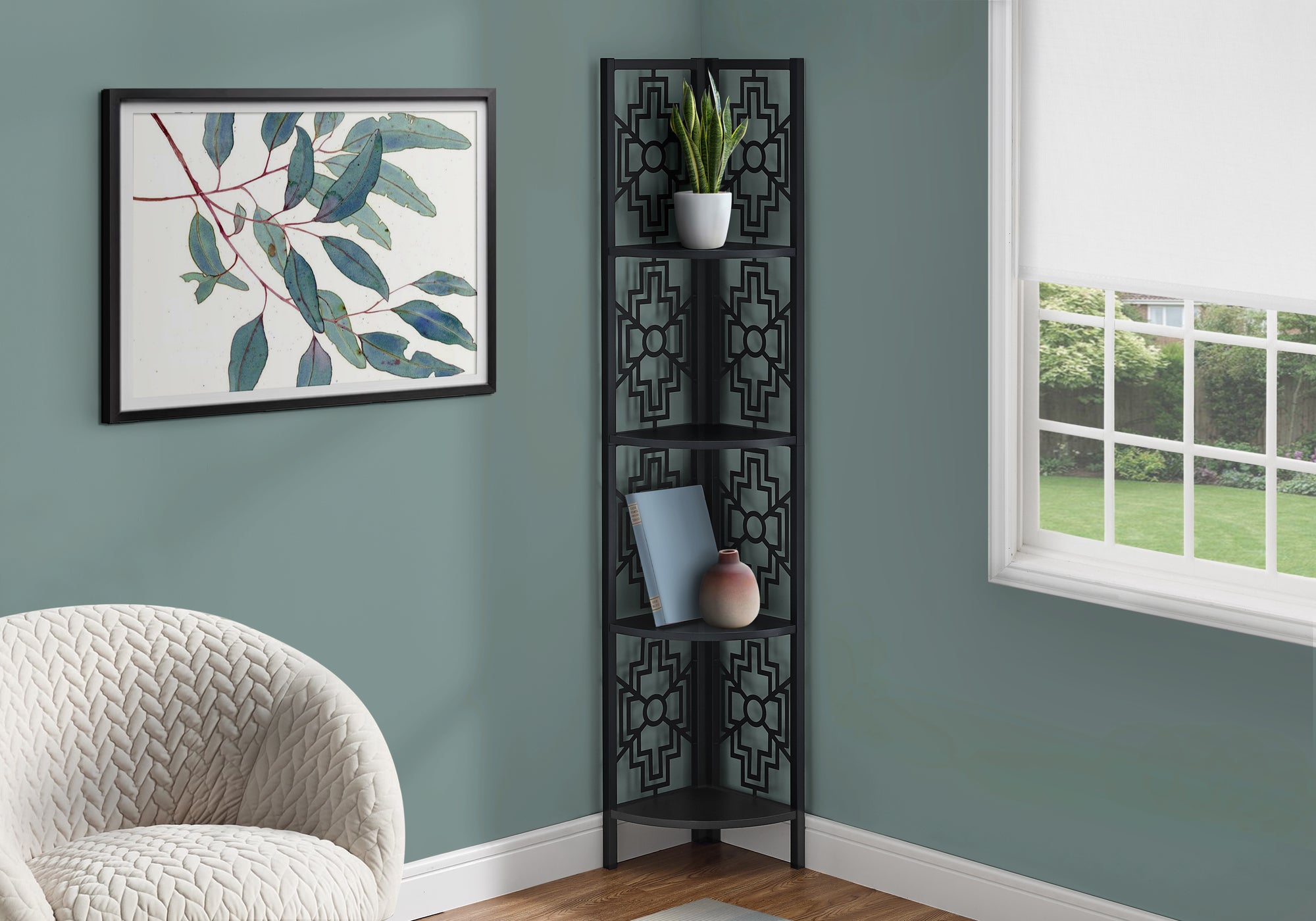 BIBLIOTHEQUE - 62"H / NOIR / ETAGERE EN COIN METAL NOIR